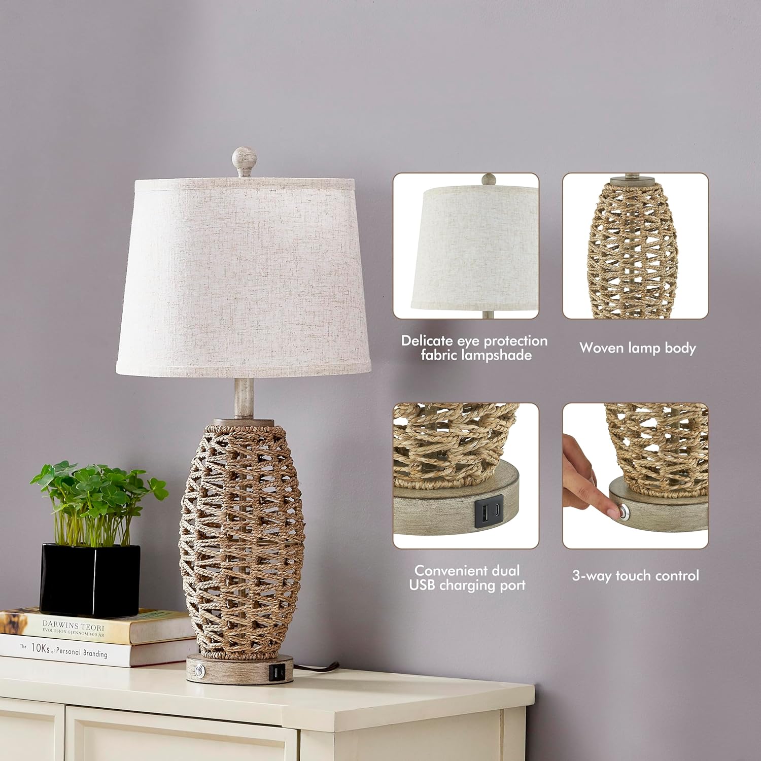 Juego de 2 lámparas de mesa de ratán natural de 27 pulgadas, interruptor táctil, lámparas de noche regulables de 3 vías, con puertos de carga USB