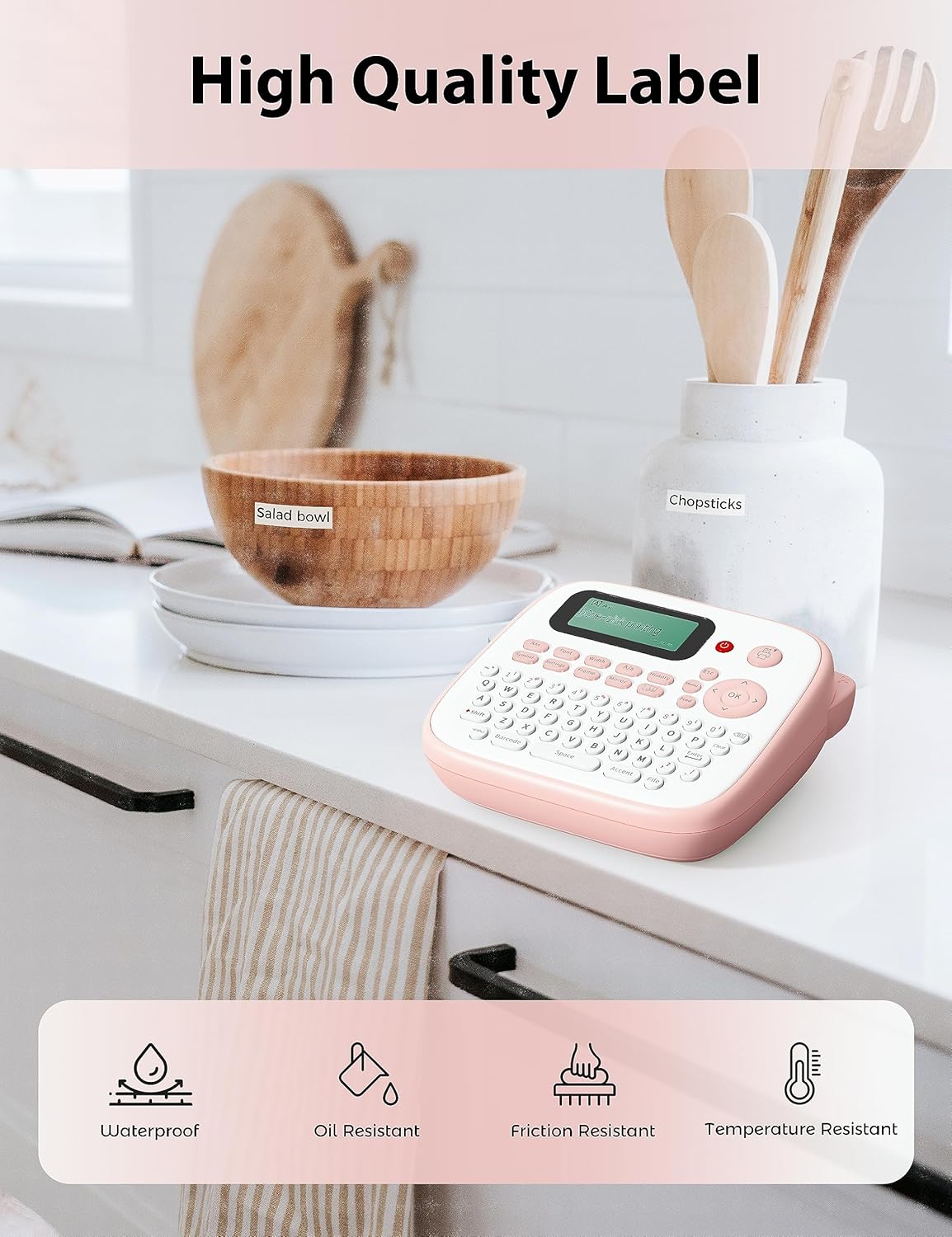 Etiquetadora D210S rosa, etiquetadora de teclado QWERTY, cortador integrado, dos modos de fuente de alimentación