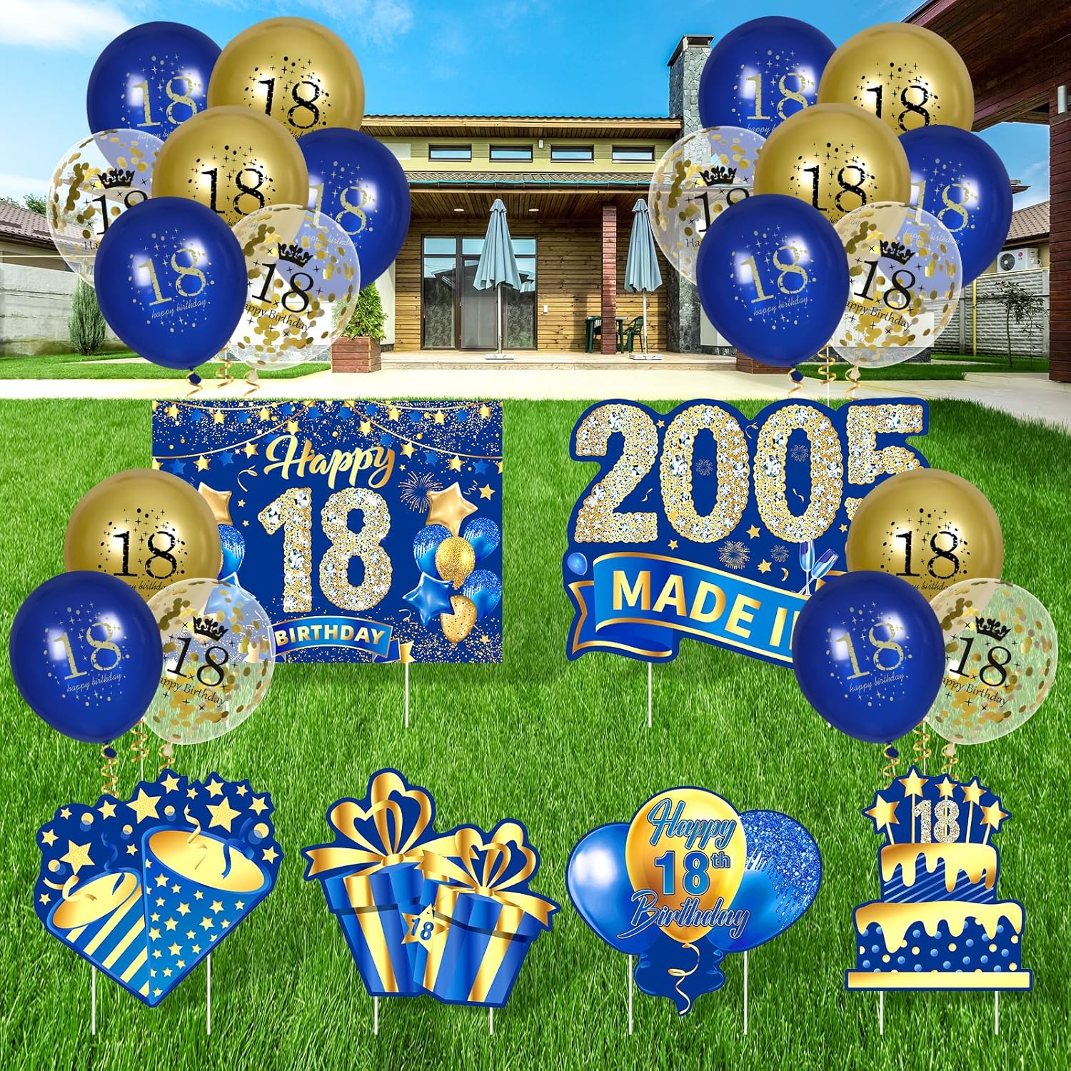 Decoraciones azules de cumpleaños número 18 para niños y niñas, 6 unidades, azul marino, dorado, feliz cumpleaños 18 con estacas y 18 globos de