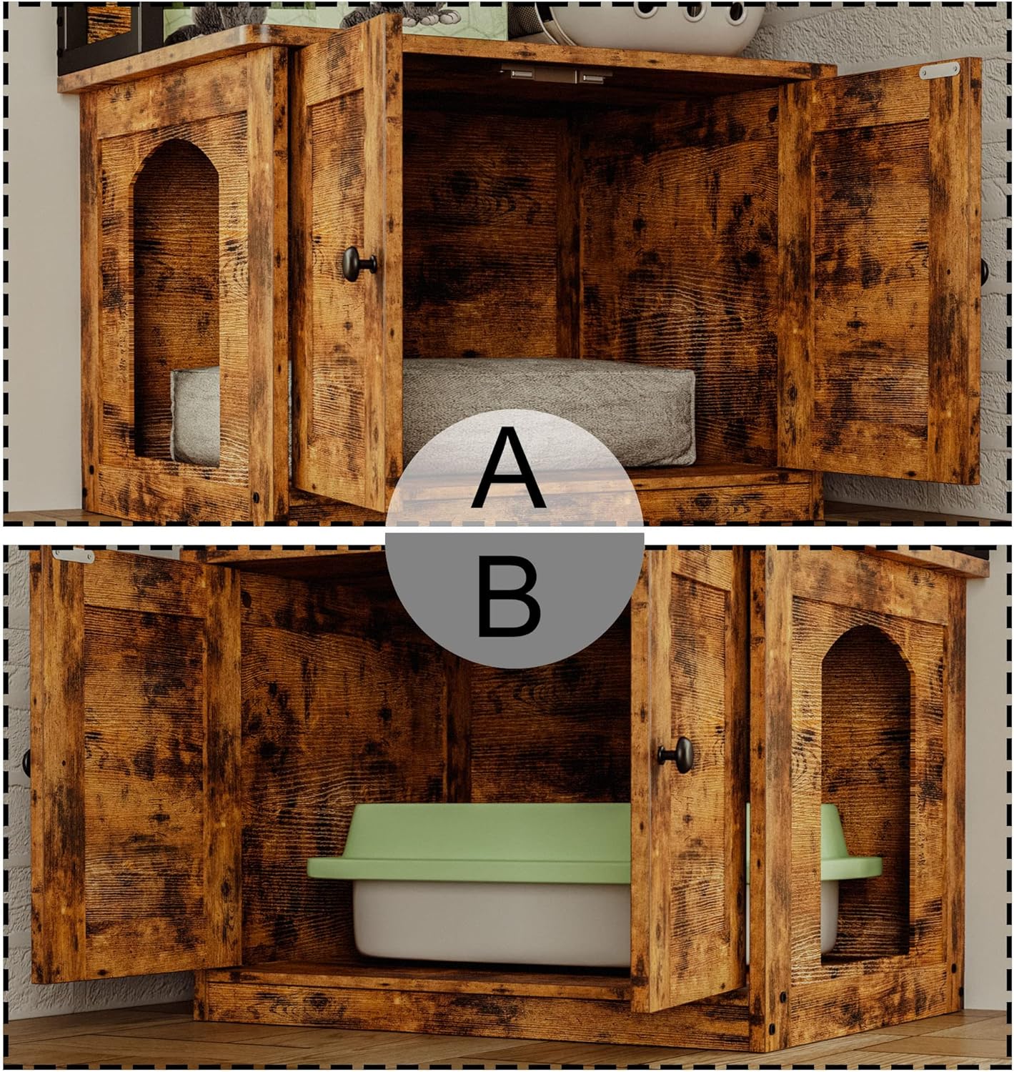 IRONCK Caja de arena con 4 estantes y puertas, muebles de casa para gatos de interior para la mayoría de cajas de arena, marrón vintage
