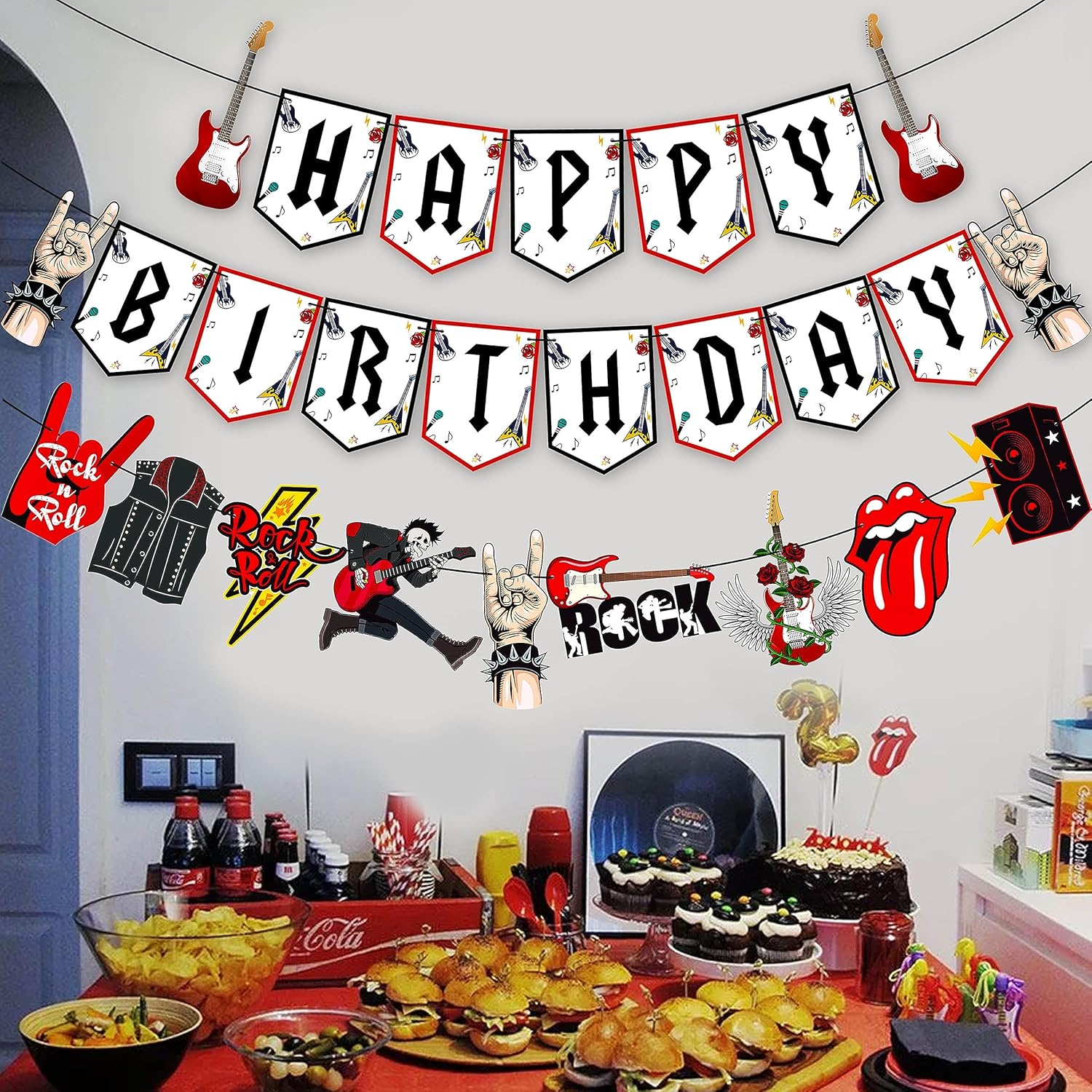 Cartel de cumpleaños de Rock and Roll, 3 unidades, pancartas de fiesta de música rock, decoración de fiesta de cumpleaños, pancartas colgantes