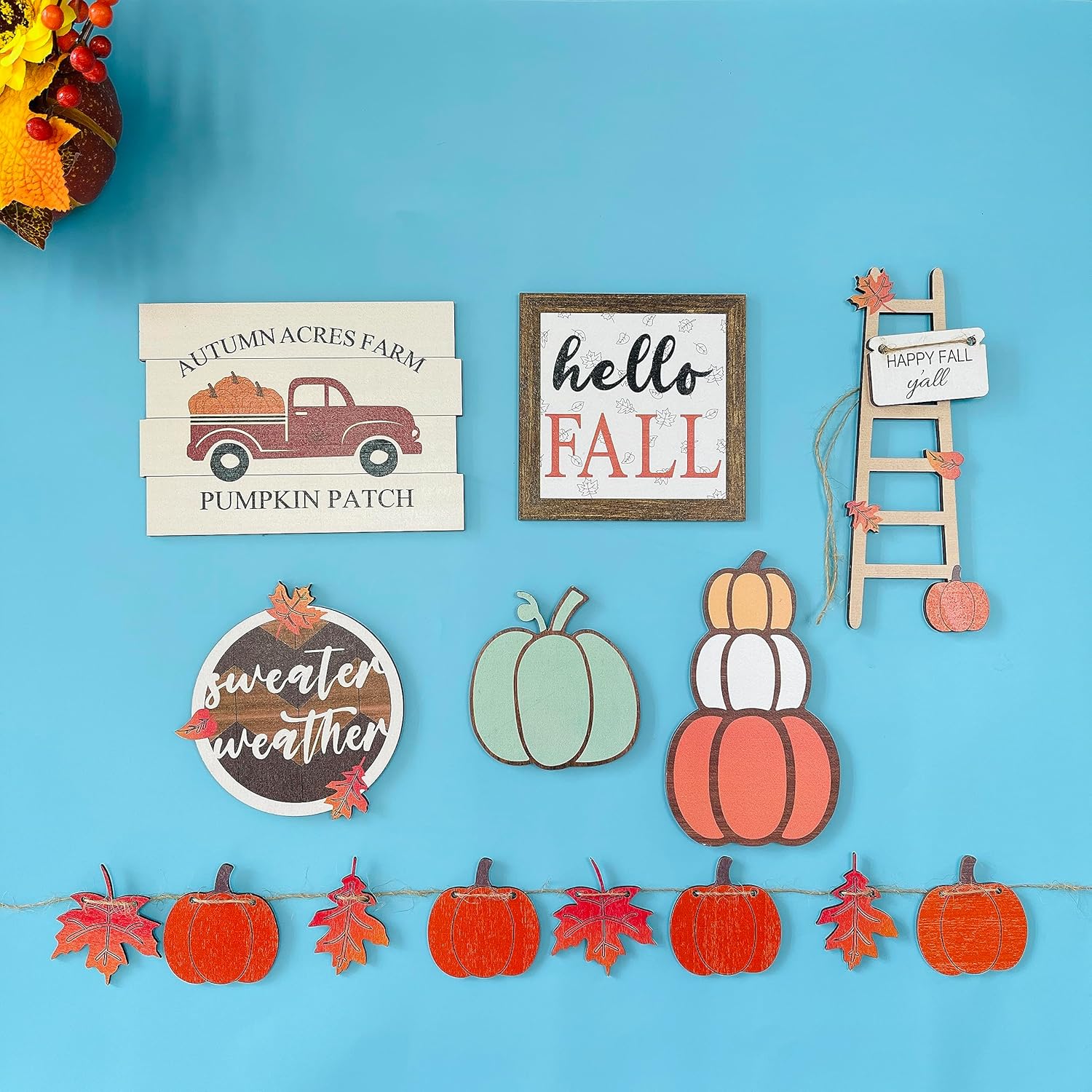 Decoración de bandeja escalonada de otoño, decoraciones de cosecha de Acción de Gracias, mesa de granja, decoración de estante de madera, decoración