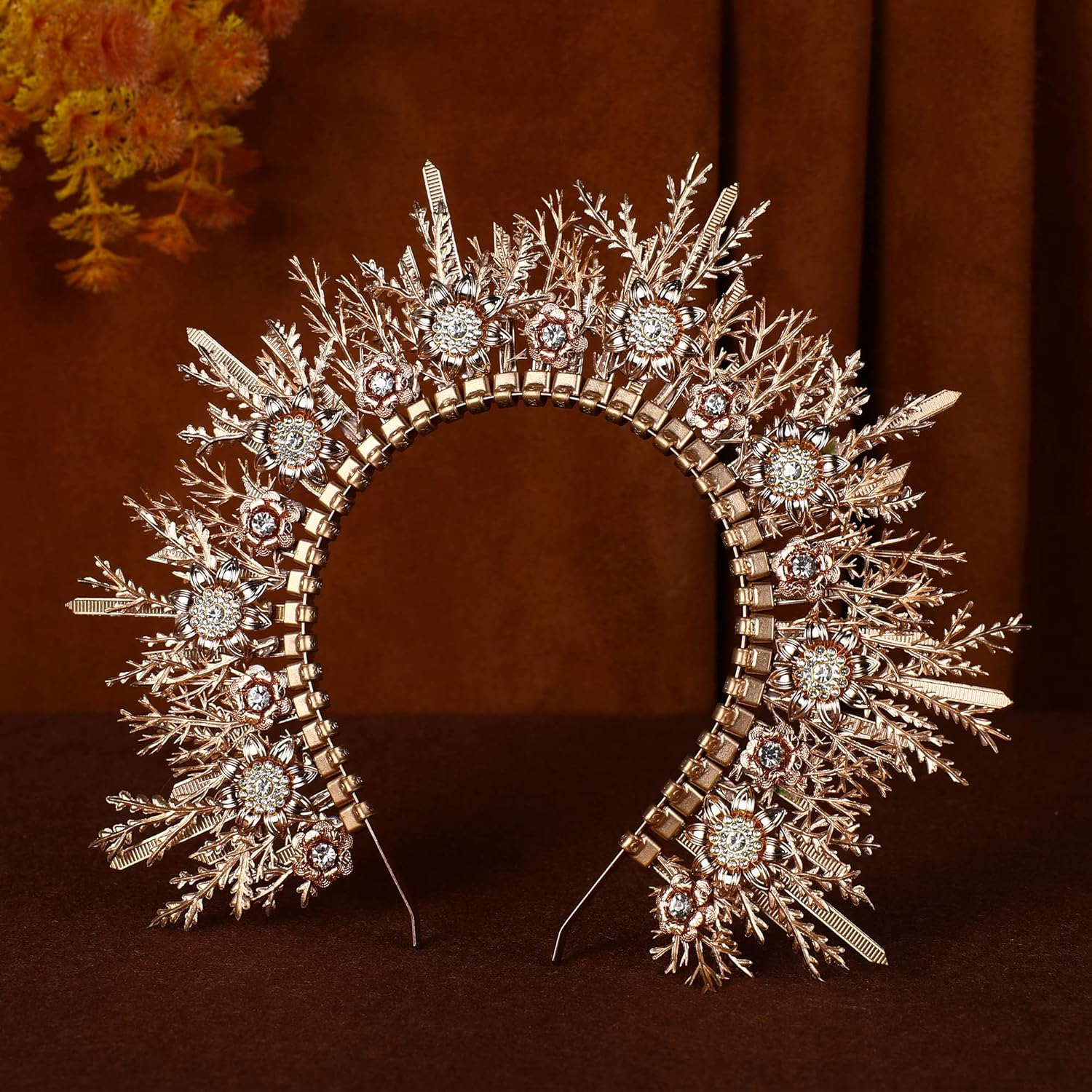 Gold Leaves Halo Crown Headpiece Woodland Goddess Zip Tie Headband for Women Princess Hair Accessory Cosplay Adult Tiara Photoshoot Props Bridal