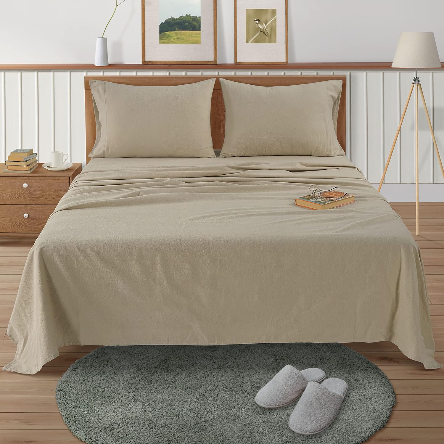 Lane Linen Juego de sábanas de franela de 100 % algodón de lujo de 4 piezas, tamaño matrimonial, ligero, cepillado para mayor suavidad, cálido,