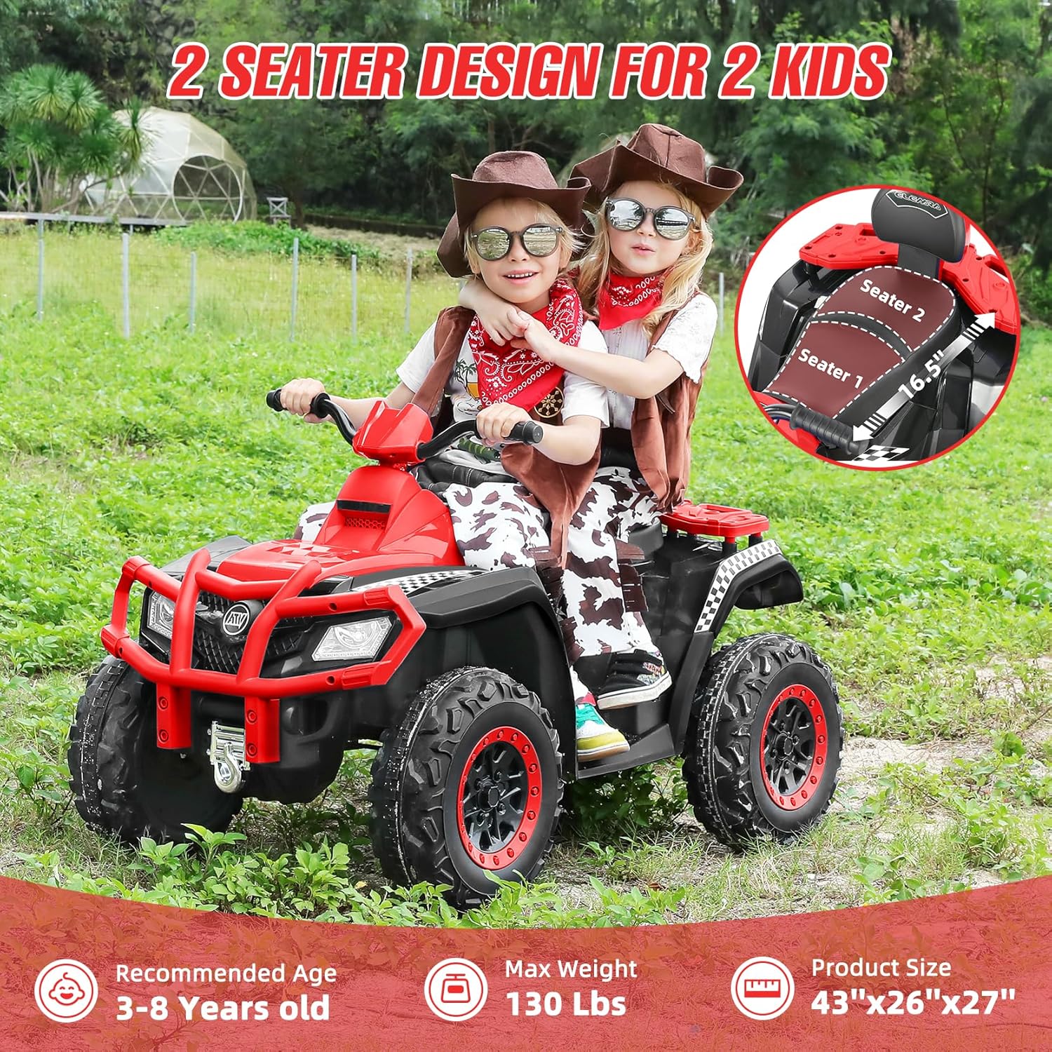 ELEMARA ATV para niños de 2 plazas, vehículo eléctrico de 4 ruedas con batería de 10 AH, 4 mph, 2 puertos de carga, Bluetooth, faros LED, música,
