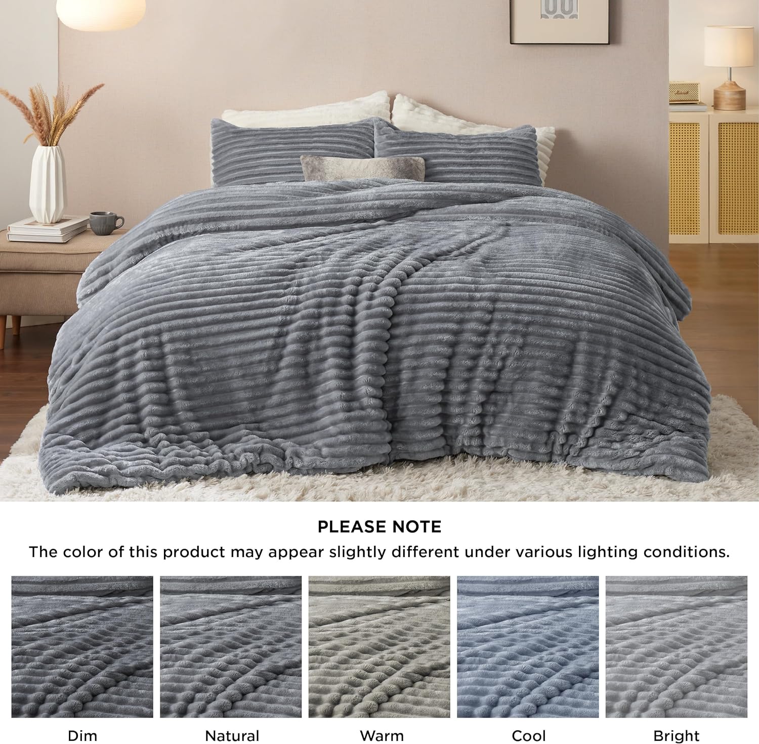 Bedsure Juego de edredón esponjoso tamaño King, edredón de piel sintética súper suave, tamaño King, color gris, juego de ropa de cama de forro polar