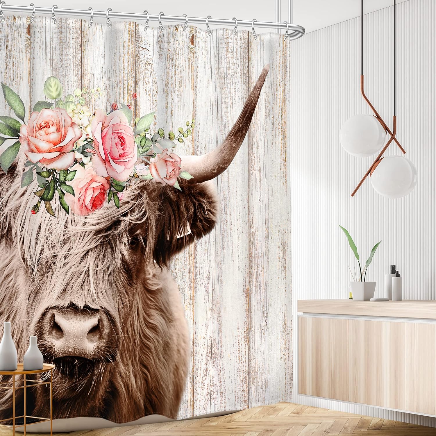 AMBZEK Highland – Cortina de ducha de vaca de 72 pulgadas de ancho x 72 pulgadas de largo, diseño rústico floral con guirnalda, tablones de madera