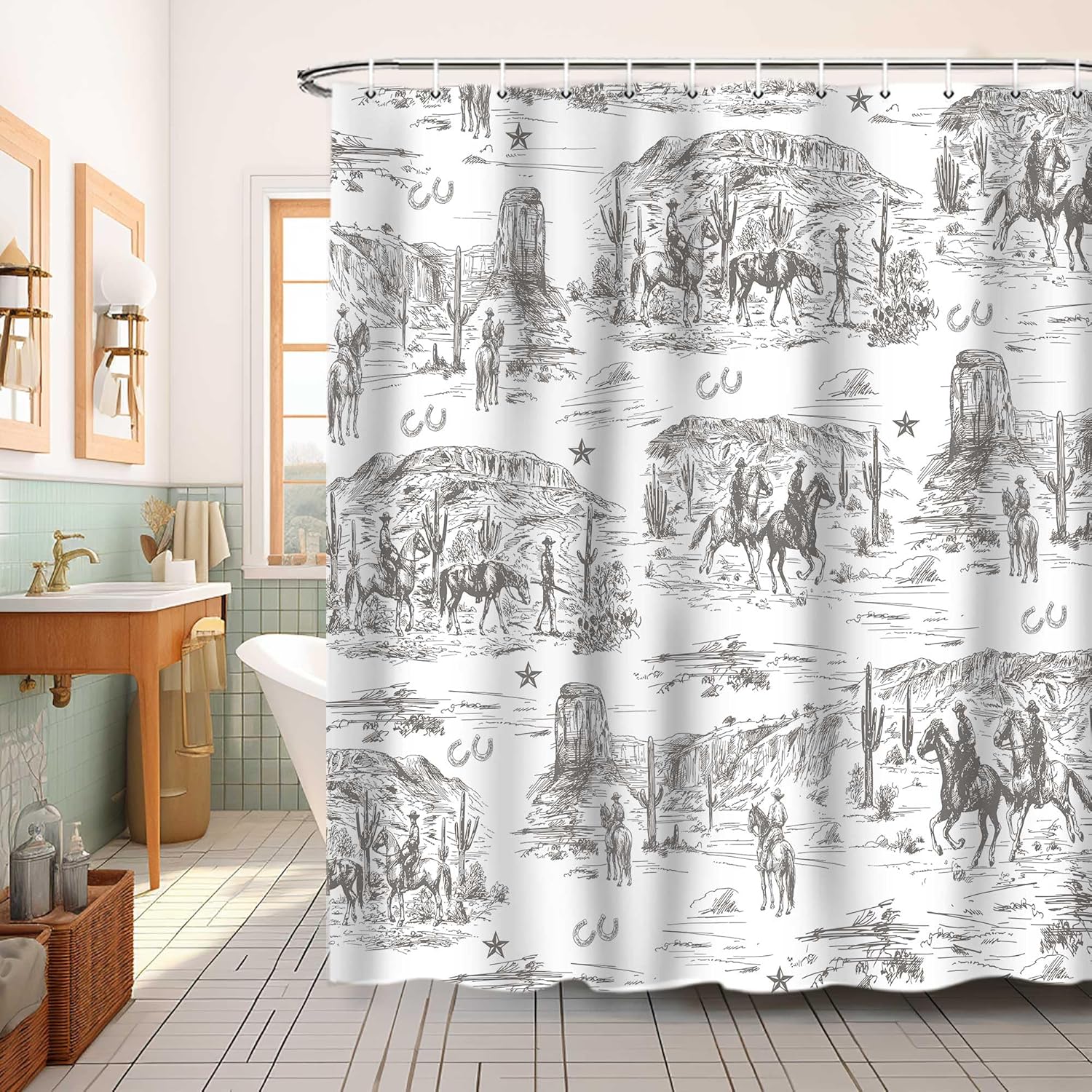 Cortina de ducha de vaquero occidental, cortinas de ducha de vaquero del desierto del suroeste para baño, decoración de baño, tela temática