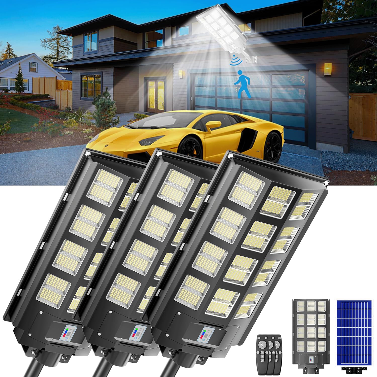 Paquete de 3 luces solares para estacionamiento, luz solar de 4800 W, 360000 lúmenes, luces de calle del atardecer al amanecer, funciona con energía