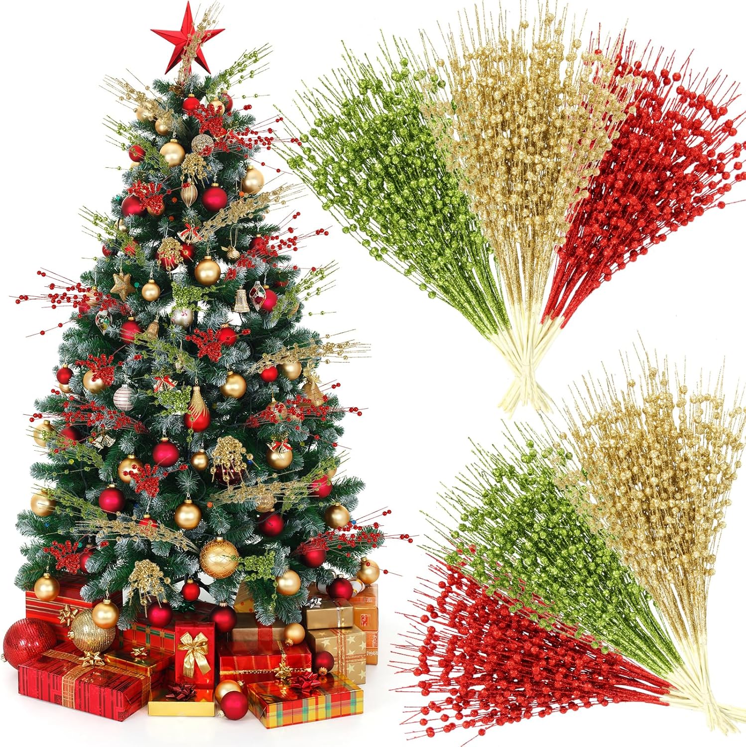 36 paquetes de adornos de tallo de bayas de Navidad de 16.9 pulgadas, tallos de Navidad artificiales decorativos con purpurina para jarrón de árbol