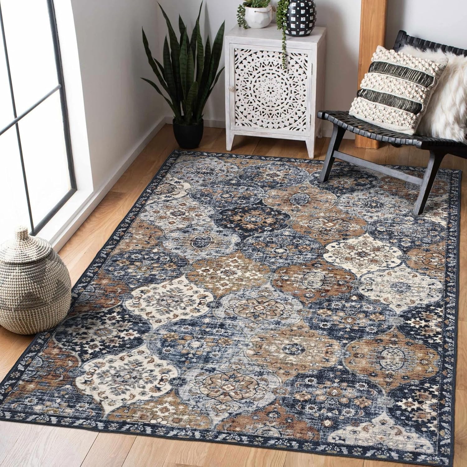 Othilic Alfombra lavable de 3 x 5, antideslizante, de pelo bajo, estilo bohemio, marroquí, enrejado, para sala de estar, alfombra oriental suave y
