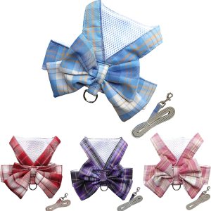Juego de vestido a cuadros para perro, arnés y correa, ropa para perro con anillo para correa para perros pequeños y niñas, ropa de conejo princesa Juego de vestido a cuadros para perro, arnés y correa, ropa para perro con anillo para correa para perros pequeños y niñas, ropa de conejo princesa