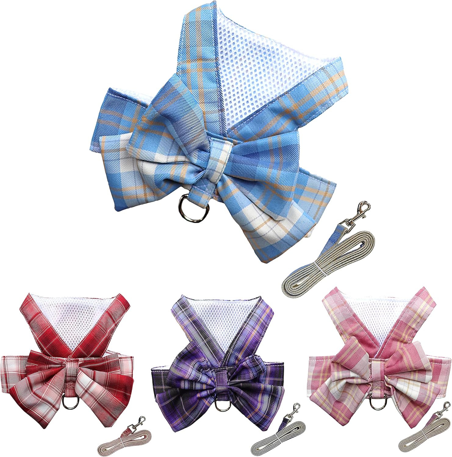 Juego de vestido a cuadros para perro, arnés y correa, ropa para perro con anillo para correa para perros pequeños y niñas, ropa de conejo princesa