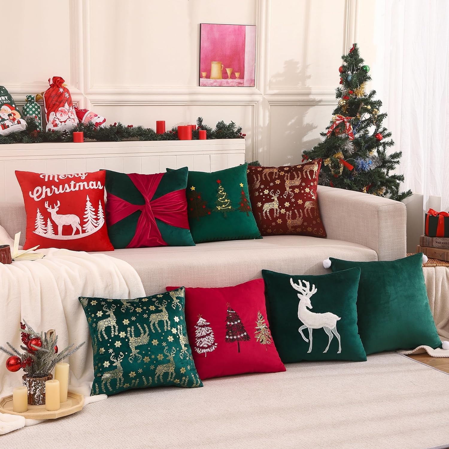 Tosleo Juego de 2 fundas de almohada de Navidad de 18 x 18 pulgadas, diseño de ciervo de Navidad color verde, decoración de Navidad, decoración roja