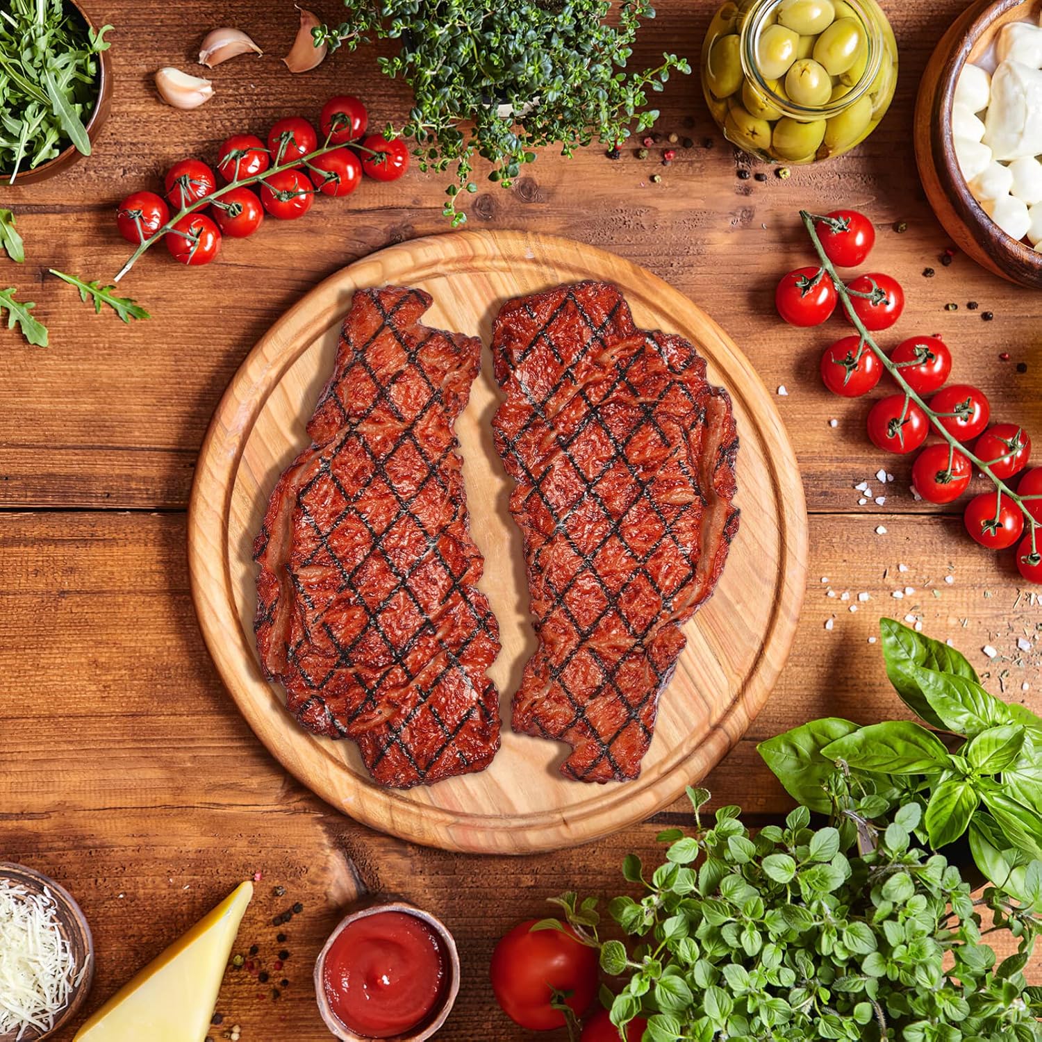 DOITOOL 2 piezas de comida de juego, filete falso artificial, filete de simulación de alimentos, modelo realista de carne asada cocida, filete de