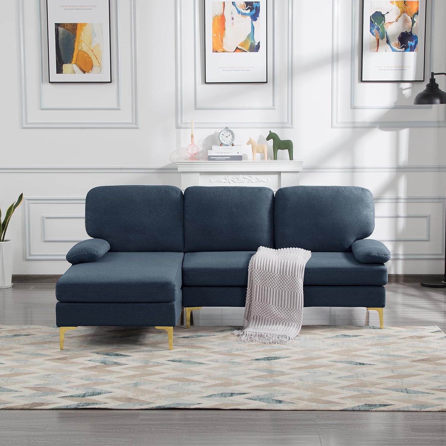 UBGO Sofá en forma de L de 79.5 pulgadas, sillón seccional orientado a la izquierda, sofás de tela moderna de 3 plazas con patas de metal dorado, 2