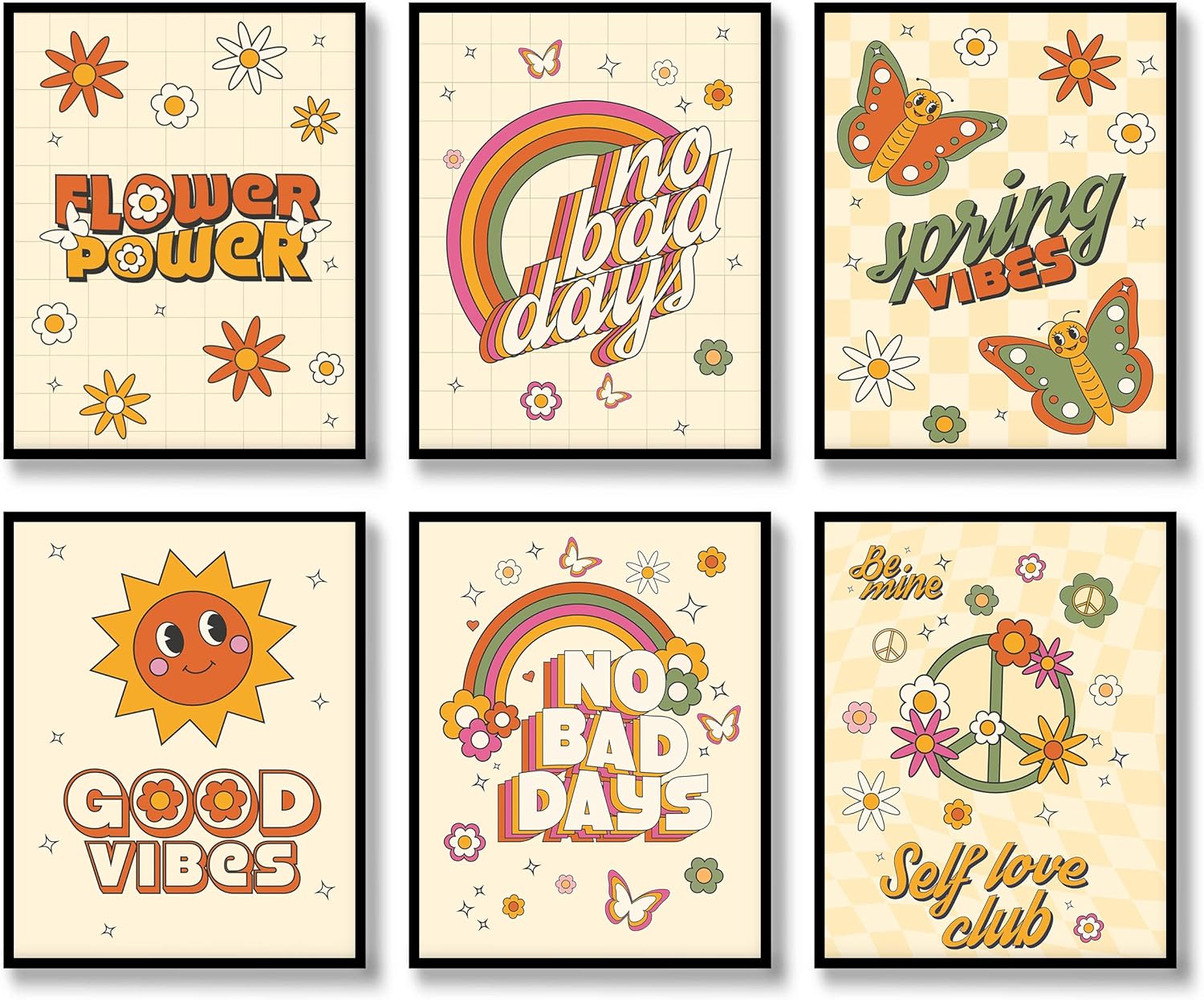 Juego de 6 impresiones de arte hippie para pared, estilo vintage, lienzo de flores hippie de los años 60 y 70, pósteres retro, abstracto,