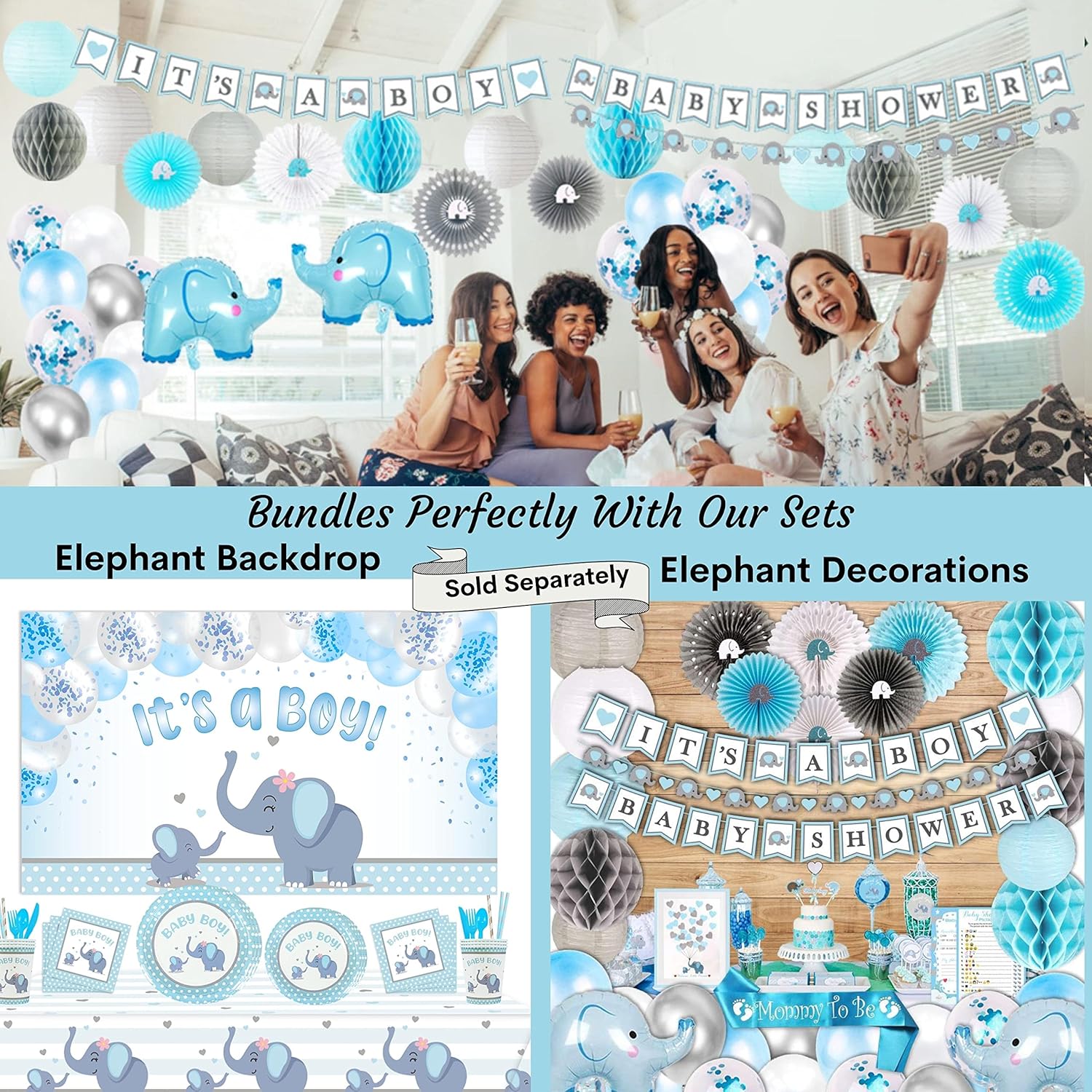 201 piezas de decoración de baby shower de elefante azul para niños, suministros de fiesta de cumpleaños para bebé, mantel, platos de papel,