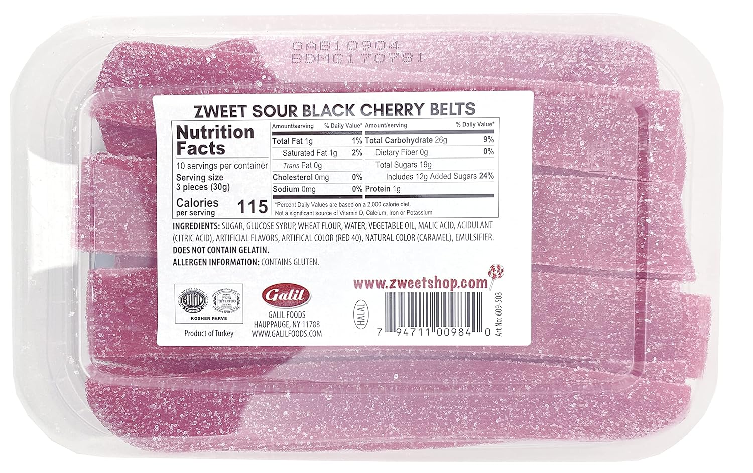 Zweet Cinturones de caramelo de cereza negra ácida de 10 onzas  Sour Kosher Candy, Halal Candy Belts  Paquete resellable de cinturones de regaliz