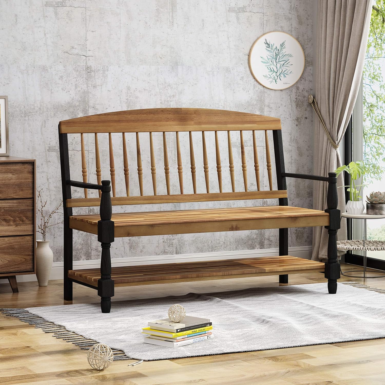 Christopher Knight Home Eddie – Banco de madera de acacia para interiores con estante, acabado de teca y negro