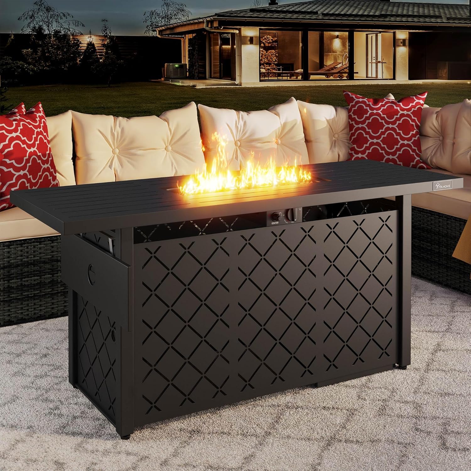 YITAHOME Mesa para fogata de propano de 57 pulgadas, hoguera de gas de 50,000 BTU con sistemas de encendido, mesa de hierro, roca de lava, cubierta,