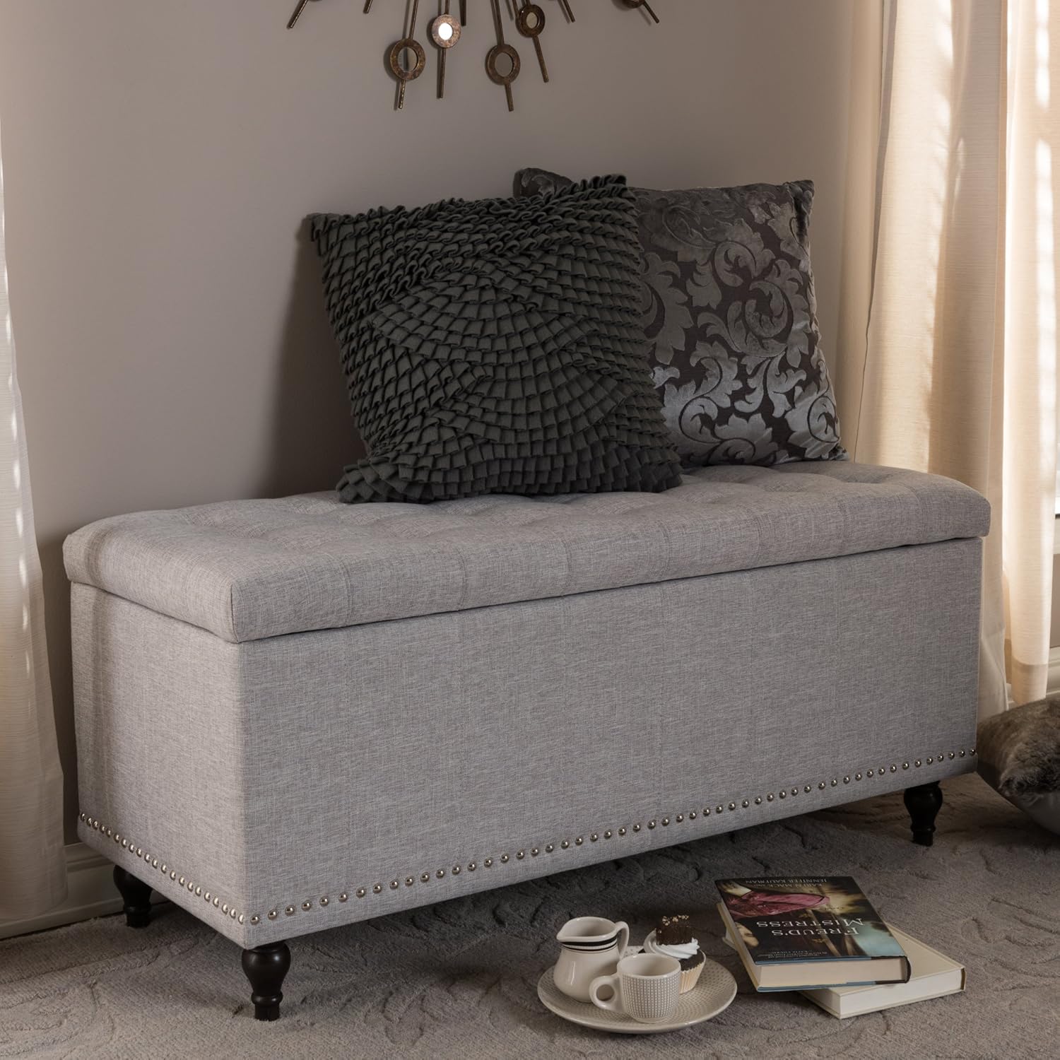 Baxton Studio Sherrill – Banco otomano tapizado de tela beige grisáceo con botones