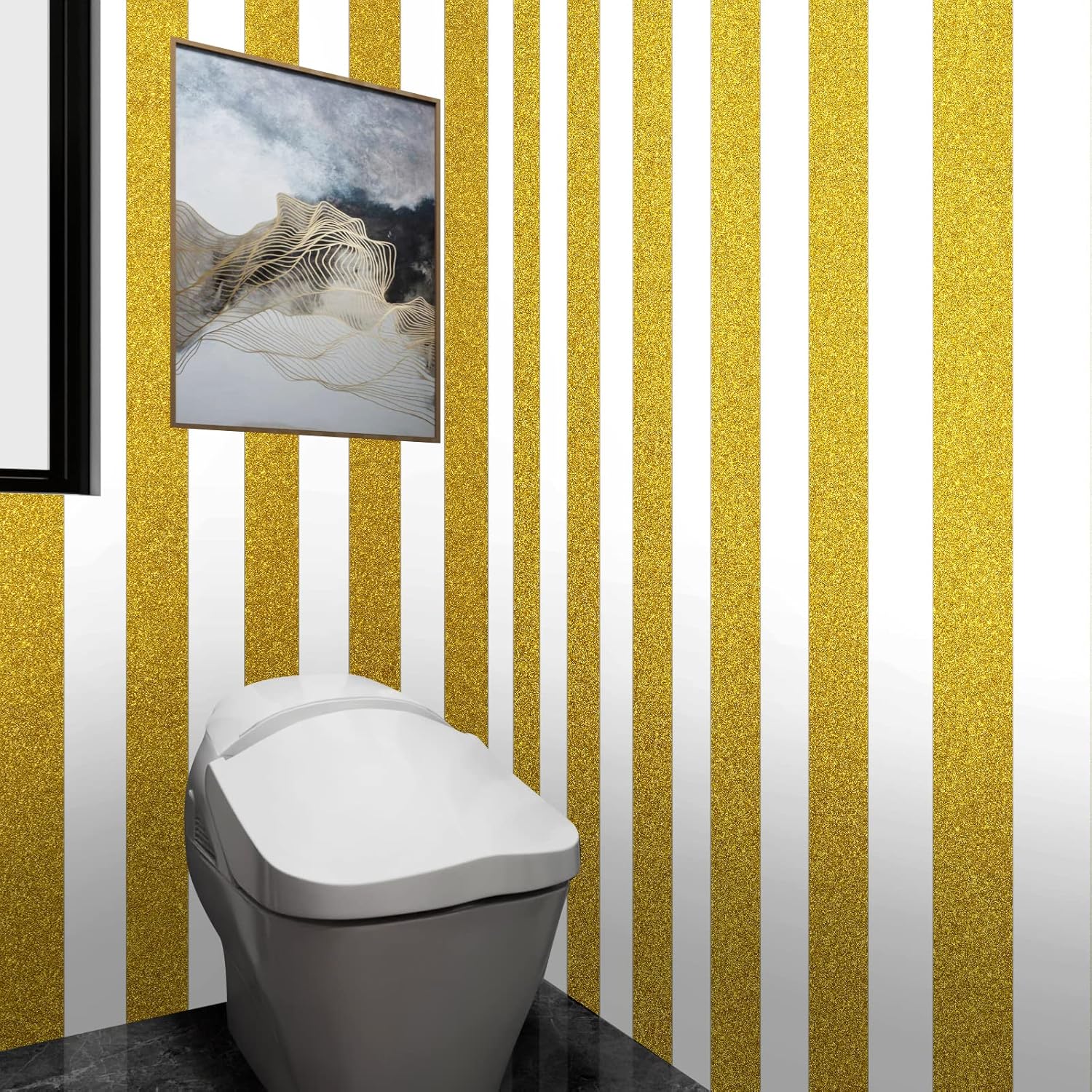 Stickyart Papel tapiz con purpurina dorada, bordes de pared brillantes, despegar y pegar, para dormitorio, papel adhesivo extraíble con purpurina