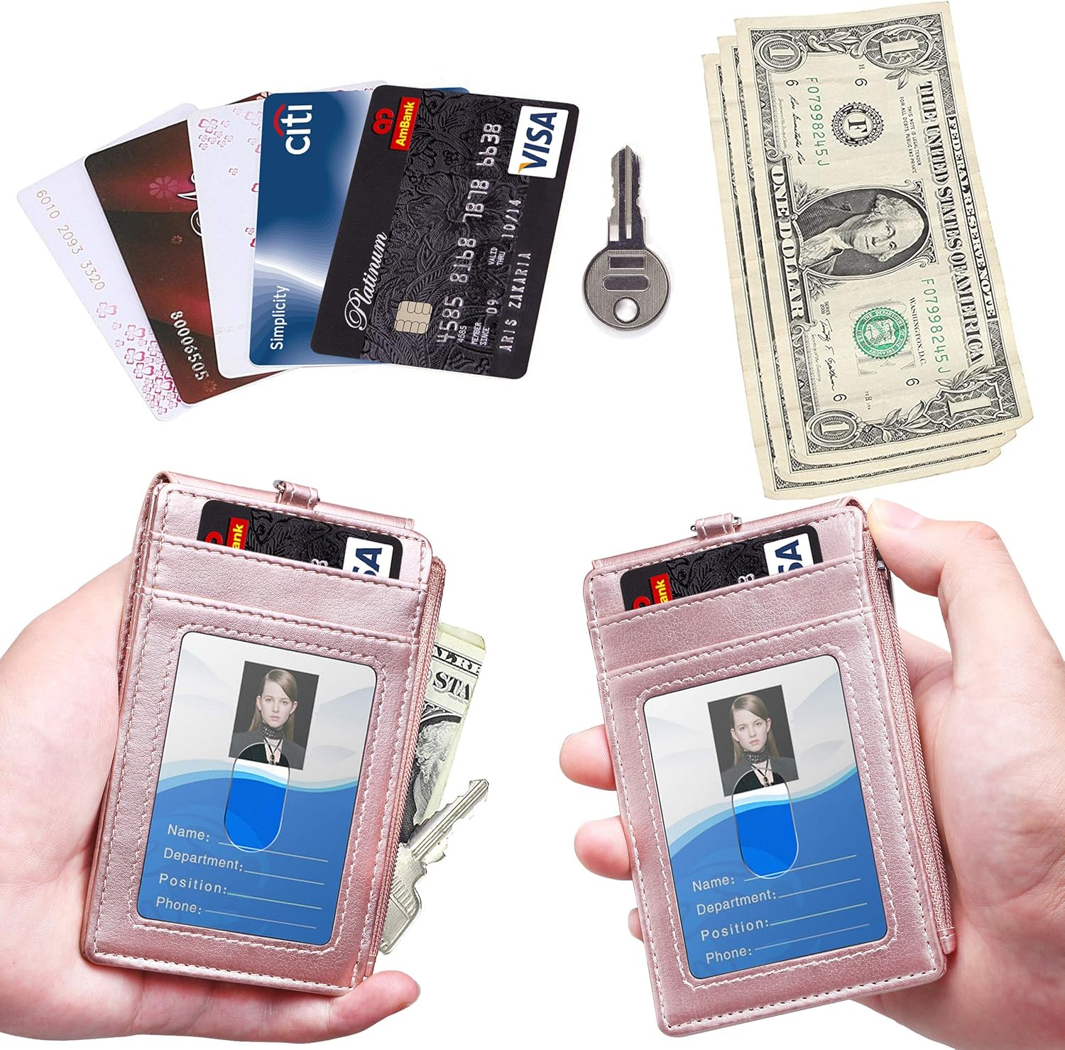 Soporte para tarjeta de identificación ELV con cremallera, de piel sintética, con 5 ranuras para tarjetas, 1 bolsillo lateral con bloqueo RFID y
