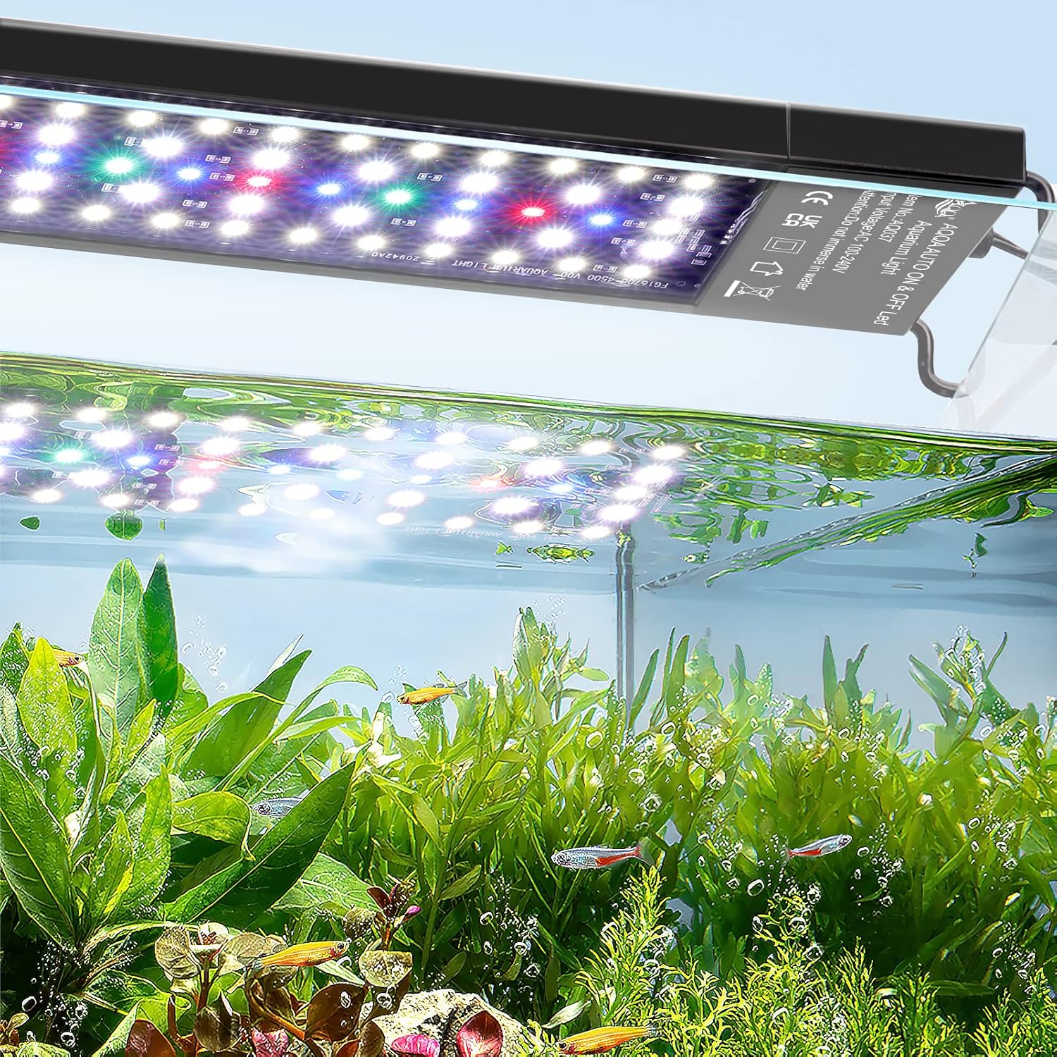 AQQA Luz de acuario, luz LED multifuncional para pecera, 247, encendido automático + modo nocturno + modo diurno + espectro completo + 7 colores,