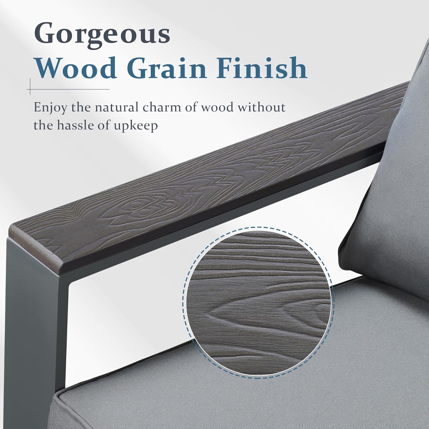 Solaste Sofá de aluminio para exteriores, muebles de patio, sofá de 3 asientos con reposabrazos de madera y respaldo en ángulo, sofá de metal para