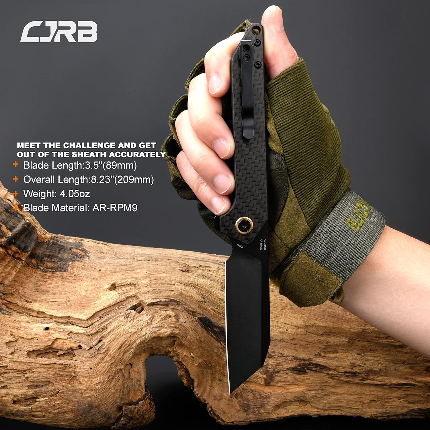 CJRB CUTLERY Cuchillo plegable Rampart (J1907-BCF) AR-RPM9 Acero en polvo Negro Hoja PVD Hoja de fibra de carbono Mango Cuchillo de bolsillo EDC