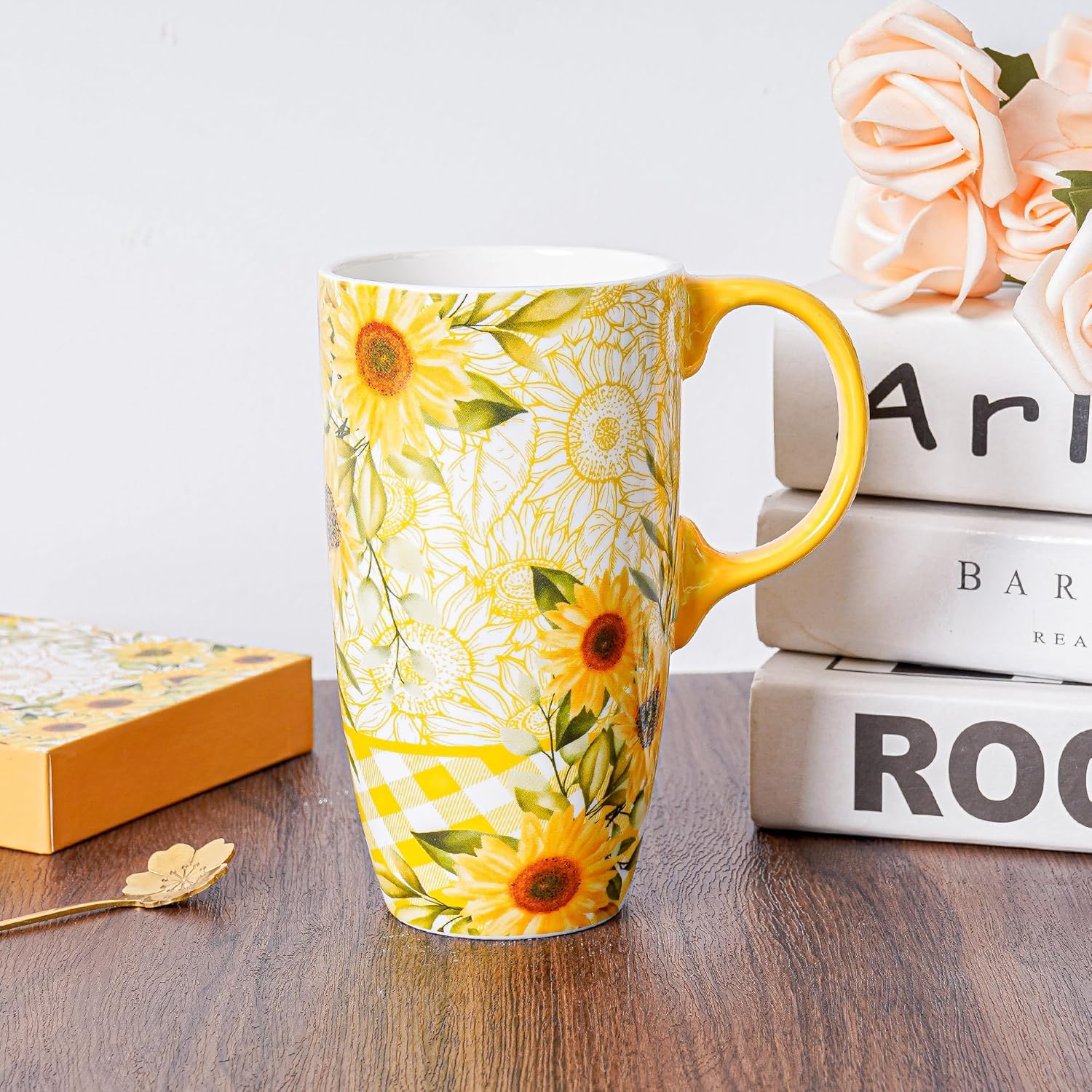 Topadorn Taza de cerámica para café, taza de té de porcelana con tapa en caja de regalo, 17 onzas, girasoles.
