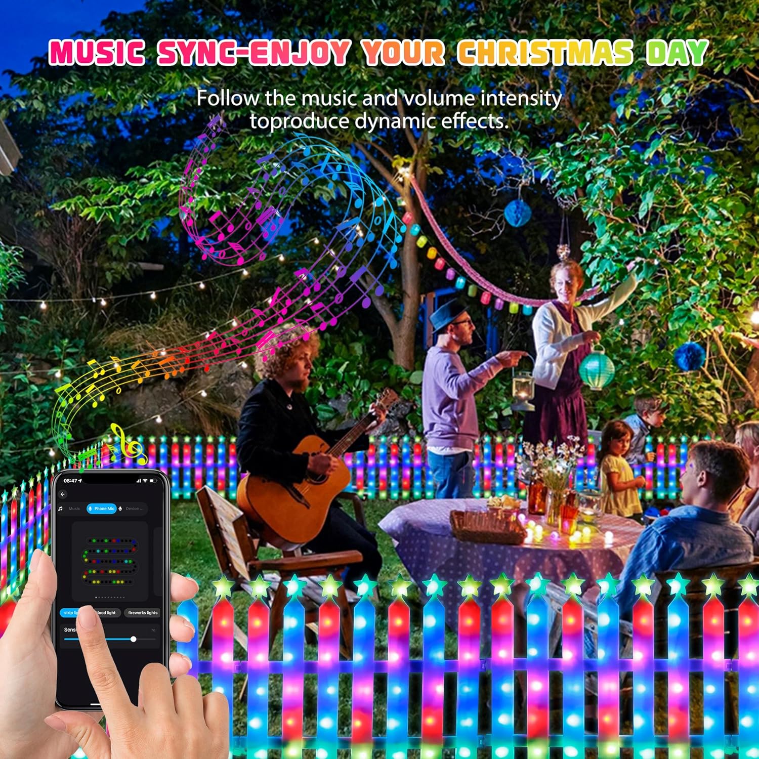 Paquete de 8 decoraciones inteligentes para valla de árbol de Navidad, luces de camino de Navidad al aire libre, 288 LED, luces RGB de bajo voltaje