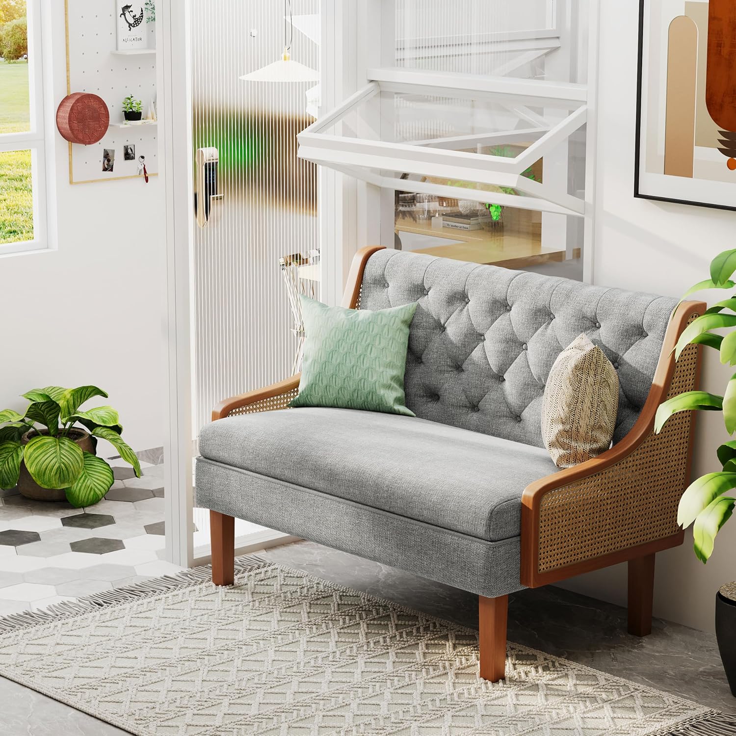 Andeworld Banco de sofá biplaza con brazos de ratán natural, mini sofá tapizado moderno, banco de comedor de banqueta, asiento de amor para sala de