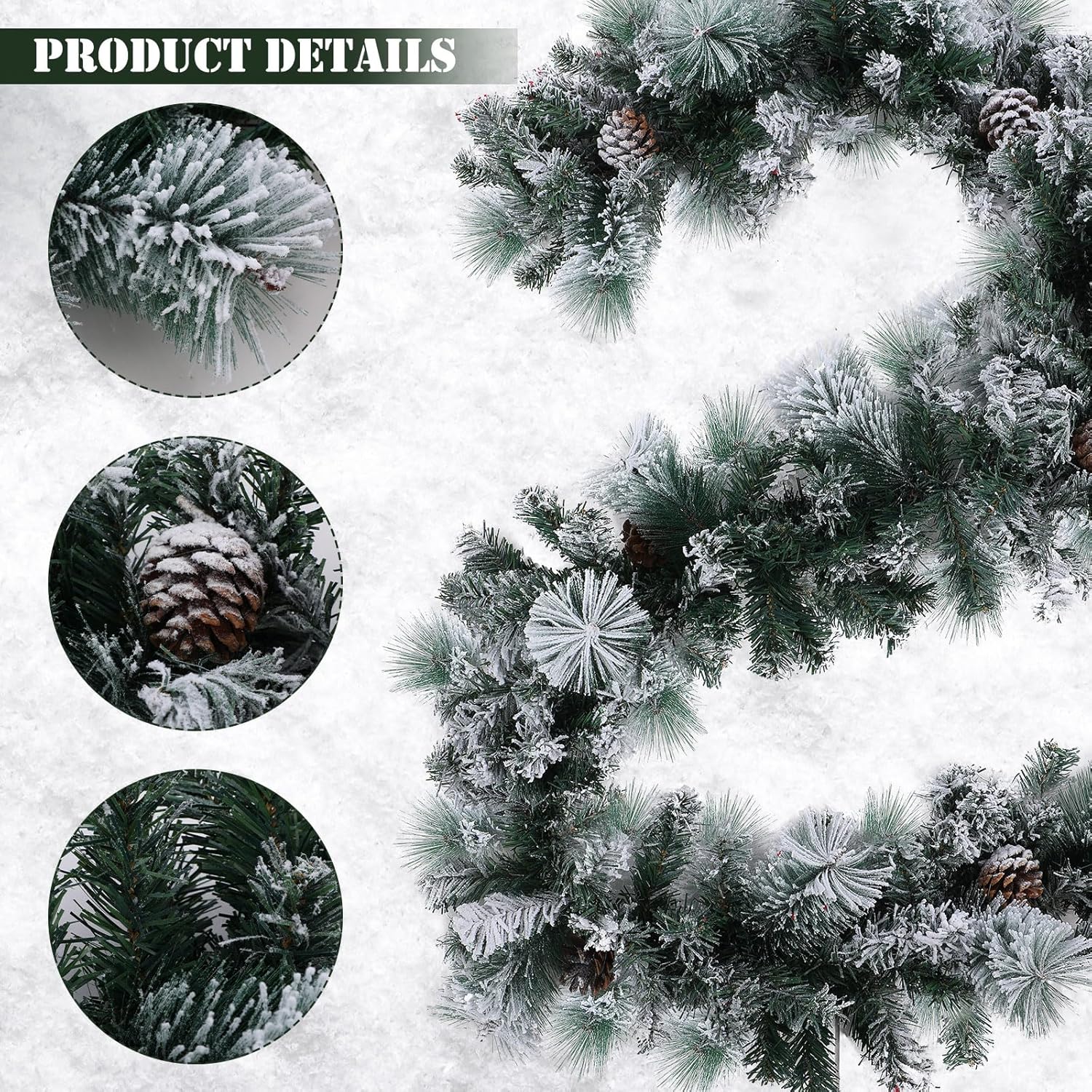Chuangdi 3 guirnaldas de Navidad flocadas de nieve, guirnalda de cedro de Navidad nevada de 18 pies, guirnalda de pino blanco esmerilado de