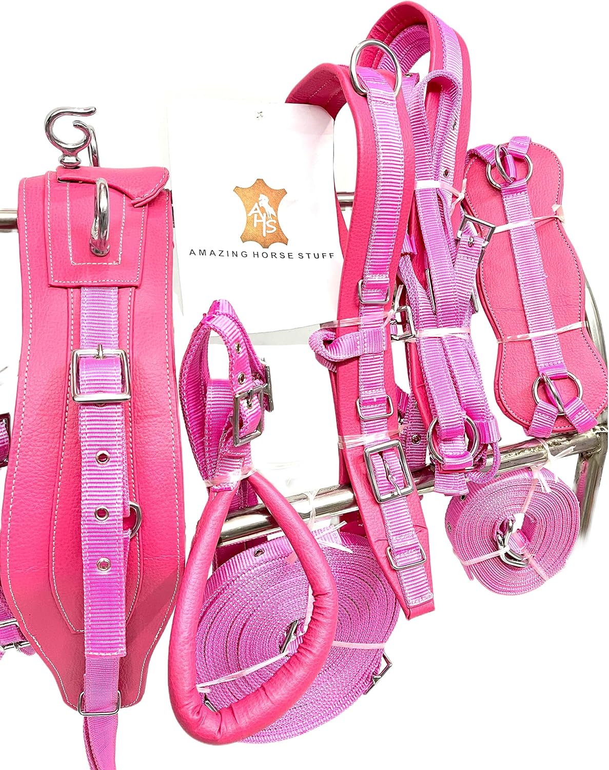 Arnés de conducción de nailon unisex en rosa para carro de caballo individual rosa (matrimonial)