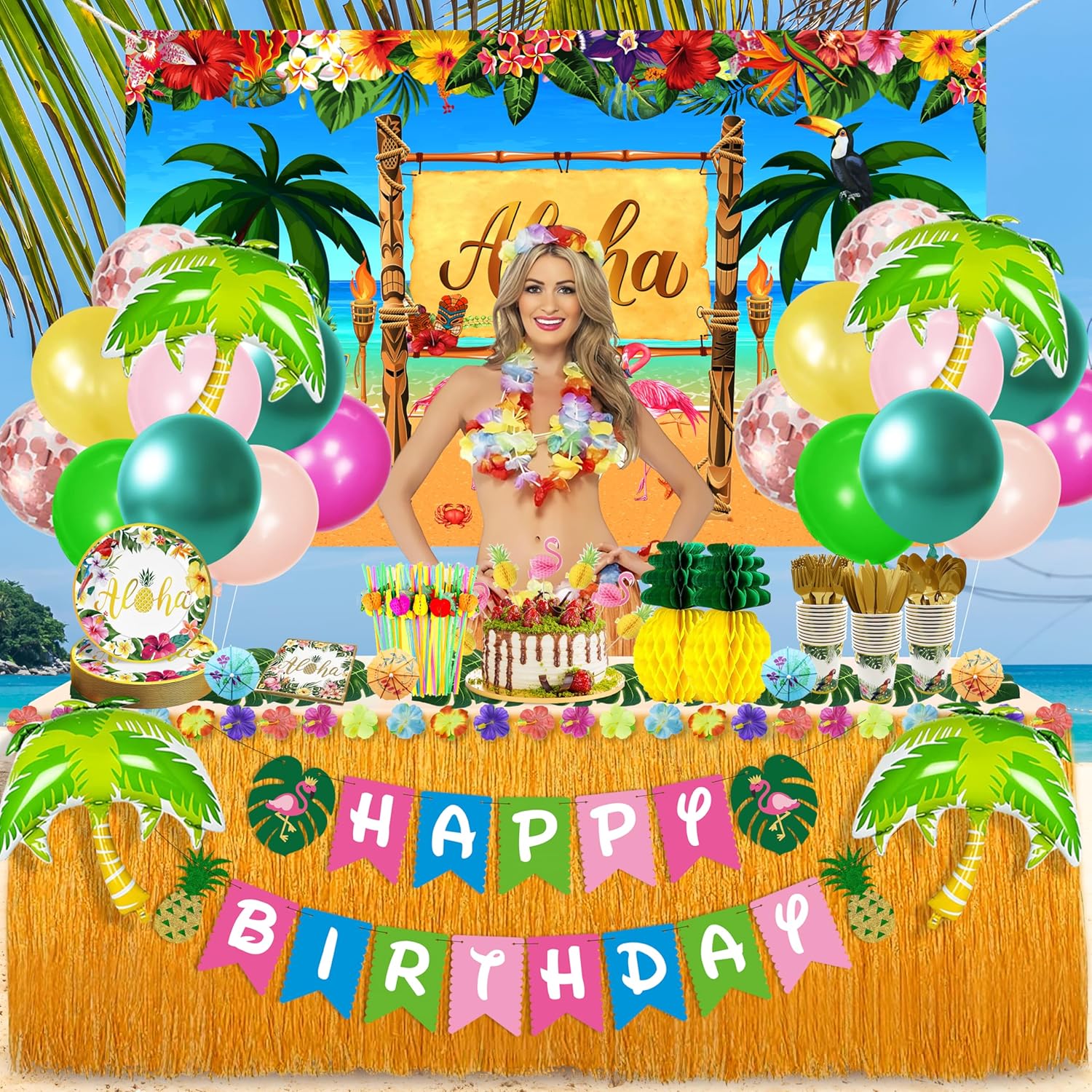 Luau – Decoraciones para fiesta de cumpleaños, 323 piezas, suministros de fiesta hawaiana tropical Aloha para verano, playa, vacaciones, juego de