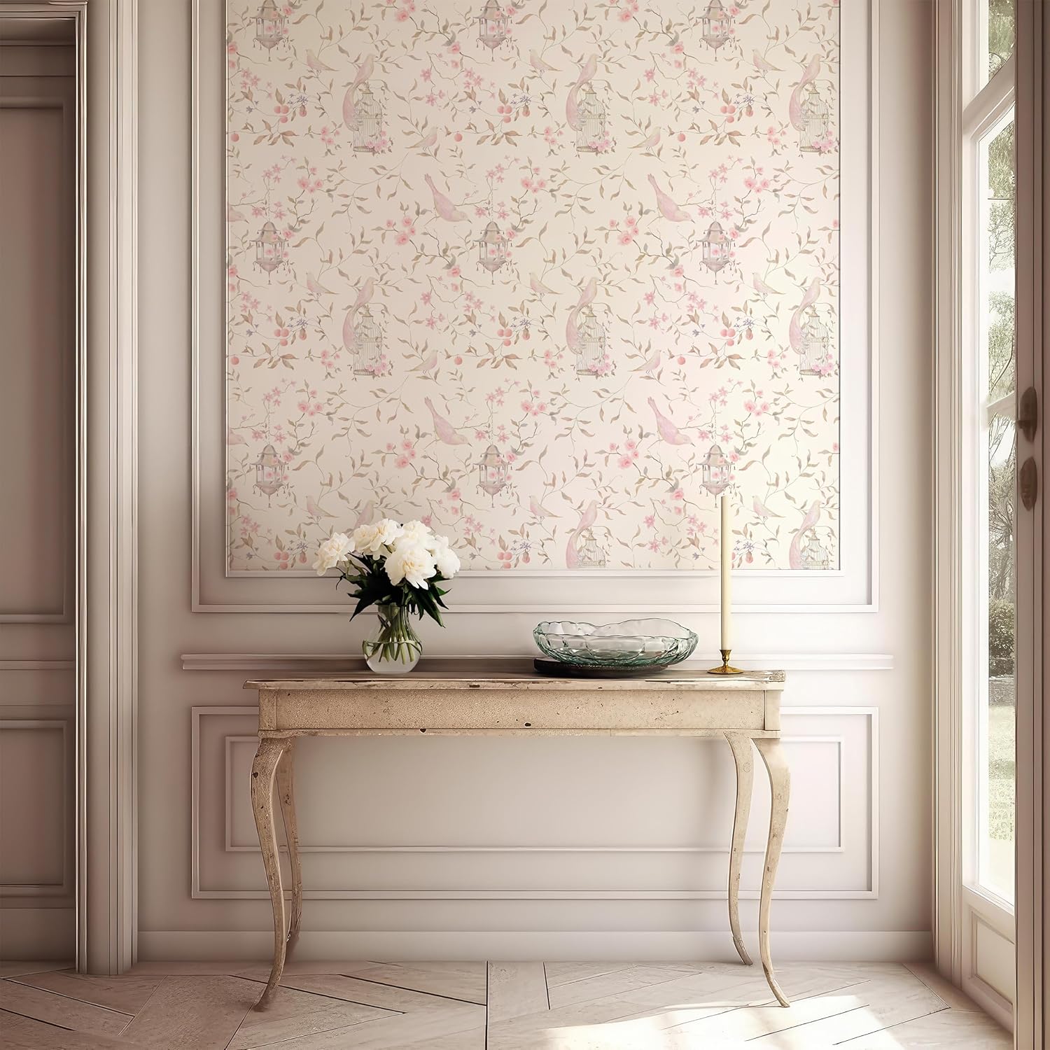 Papel tapiz chinoiserie con pájaro rosa y flores, papel tapiz francés para dormitorio, papel tapiz apto para inquilinos, despegar y pegar extraíble