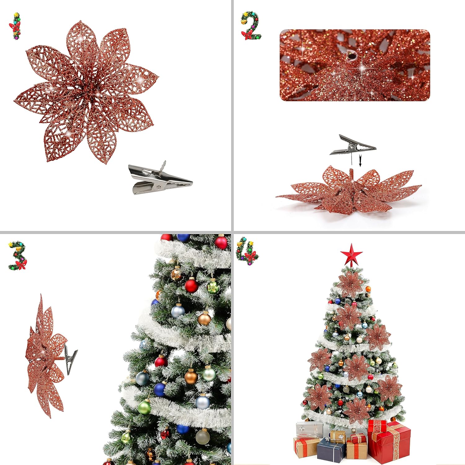 16 flores de nochebuena artificiales, decoraciones de Navidad de flores de nochebuena con clips, adornos de Navidad de flores de nochebuena con