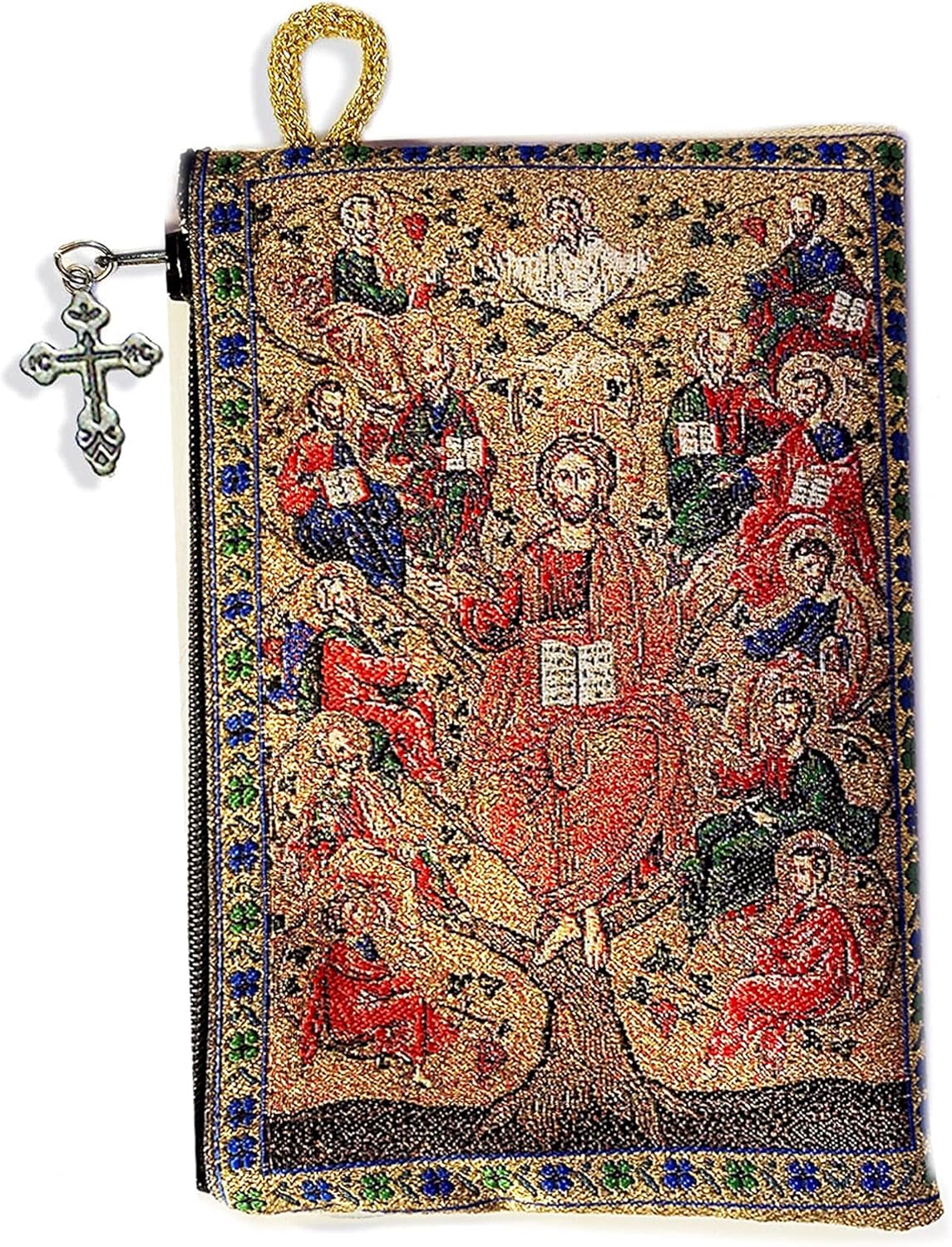 Rosario – Bolsa de tapiz con cuentas de oración de Jesucristo, el árbol de la vida, vid con apóstoles, 2 caras en la parte posterior, funda de