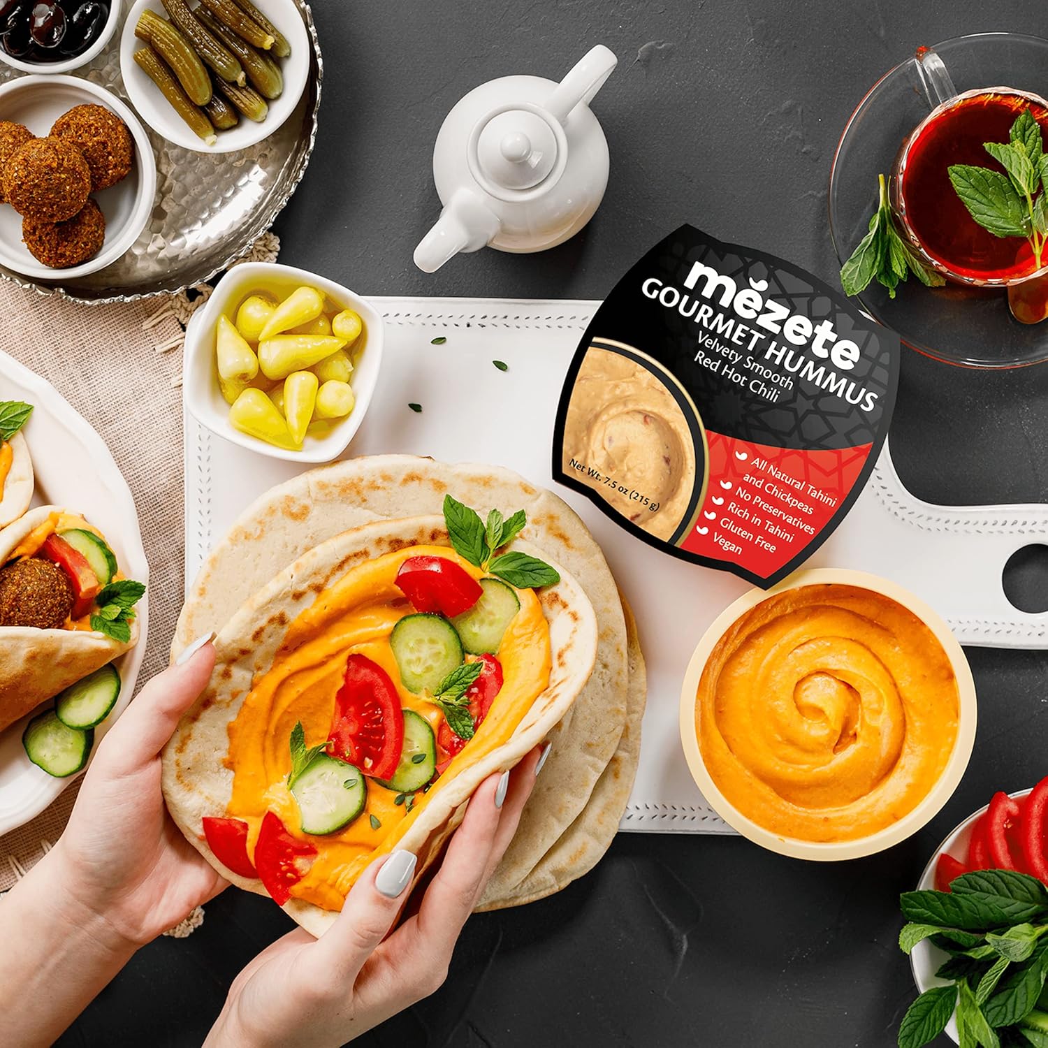 Mezete Hummus de chile rojo vivo, 100% totalmente natural, salsa vegana rica en Tahini sin conservantes, sin gluten, estable en el estante y no