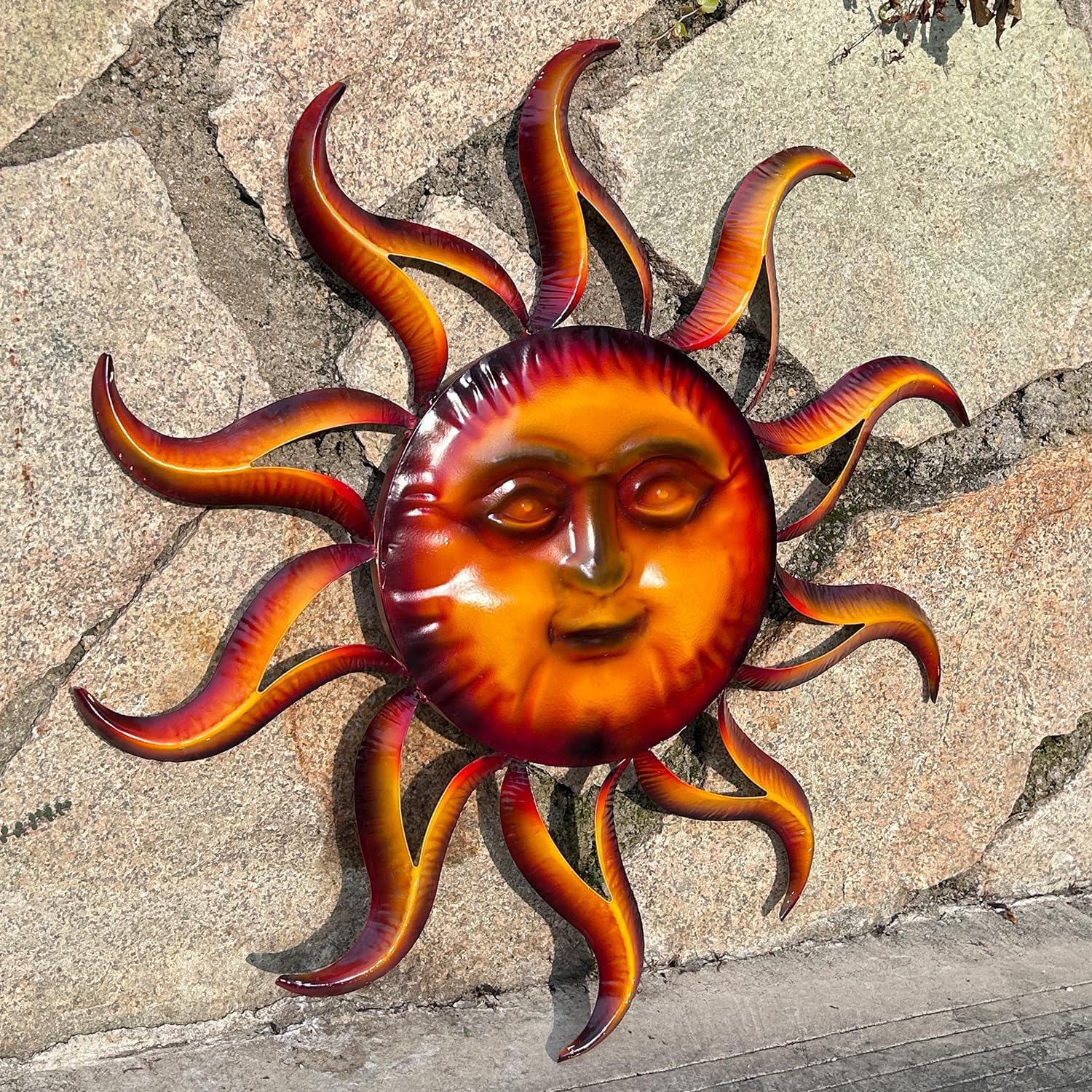 TICKCACY Decoración de pared de sol de metal, arte de pared de sol de 27.5 pulgadas para colgar en interiores y exteriores, arte de cara de sol,