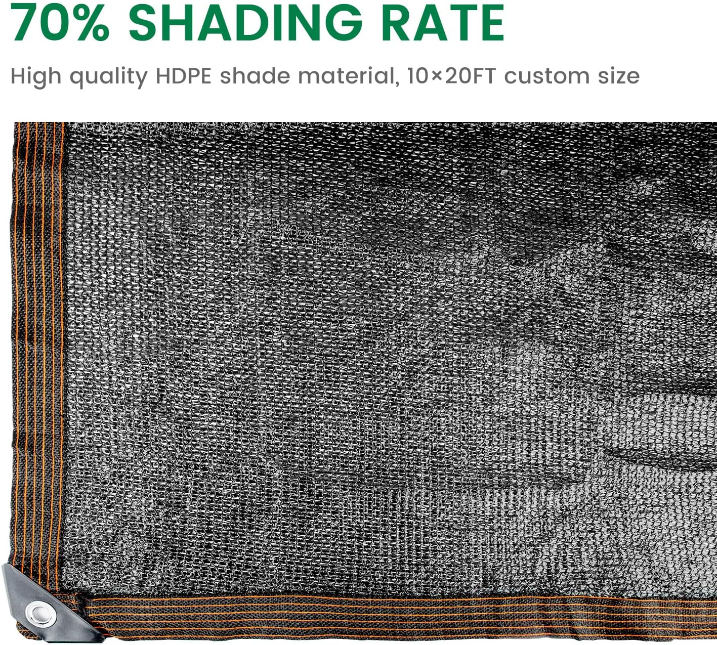 70 % de tela negra de 10 x 20 pies, protector solar para exteriores con ojales, malla duradera para sombreado, anticongelante para patio, jardín,