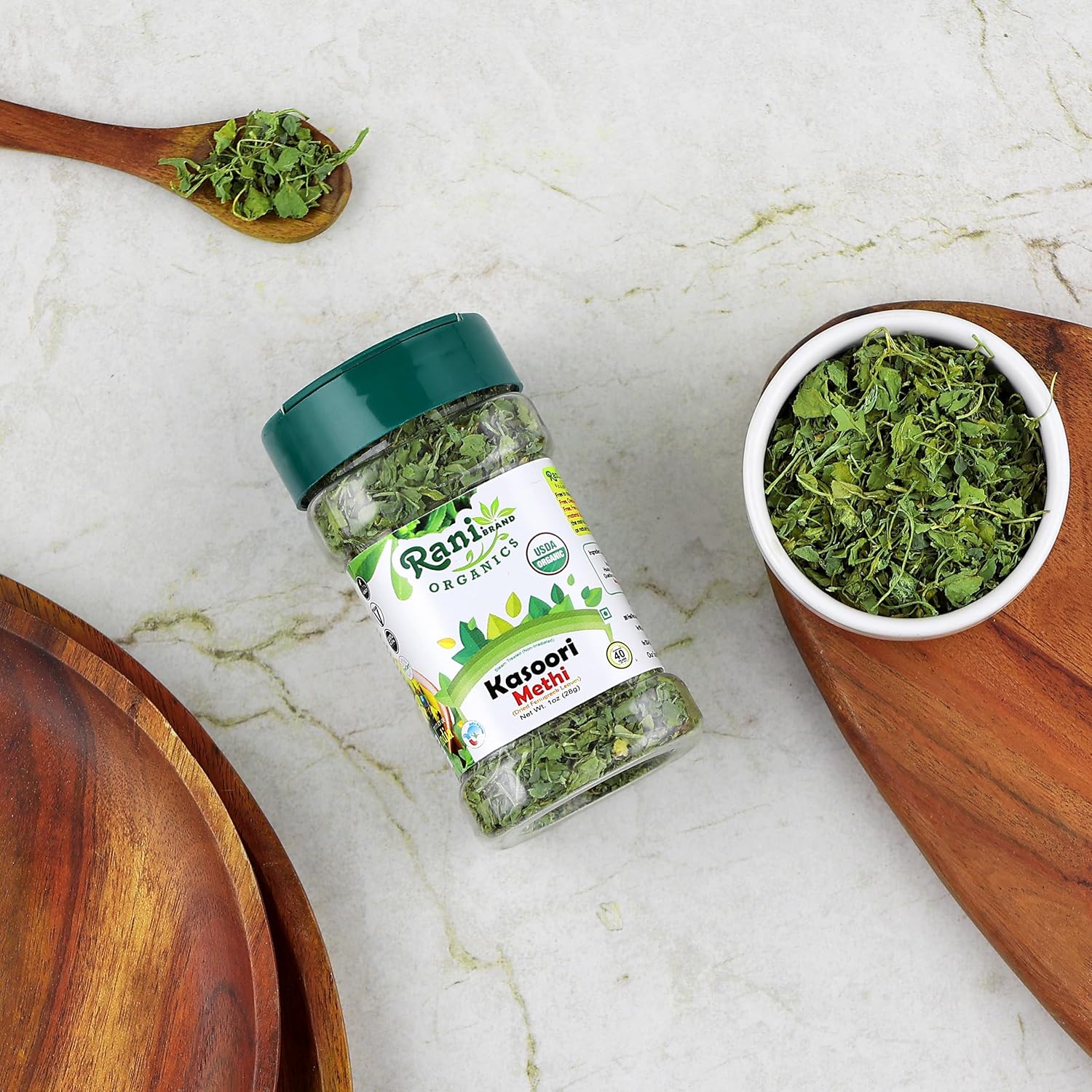 Rani Hojas de fenogreco orgánicas secas (Kasoori Methi) 1 oz (28 g) Tarro PET  Todo natural  Vegano  Apto para gluten  Sin OMG  Origen indio