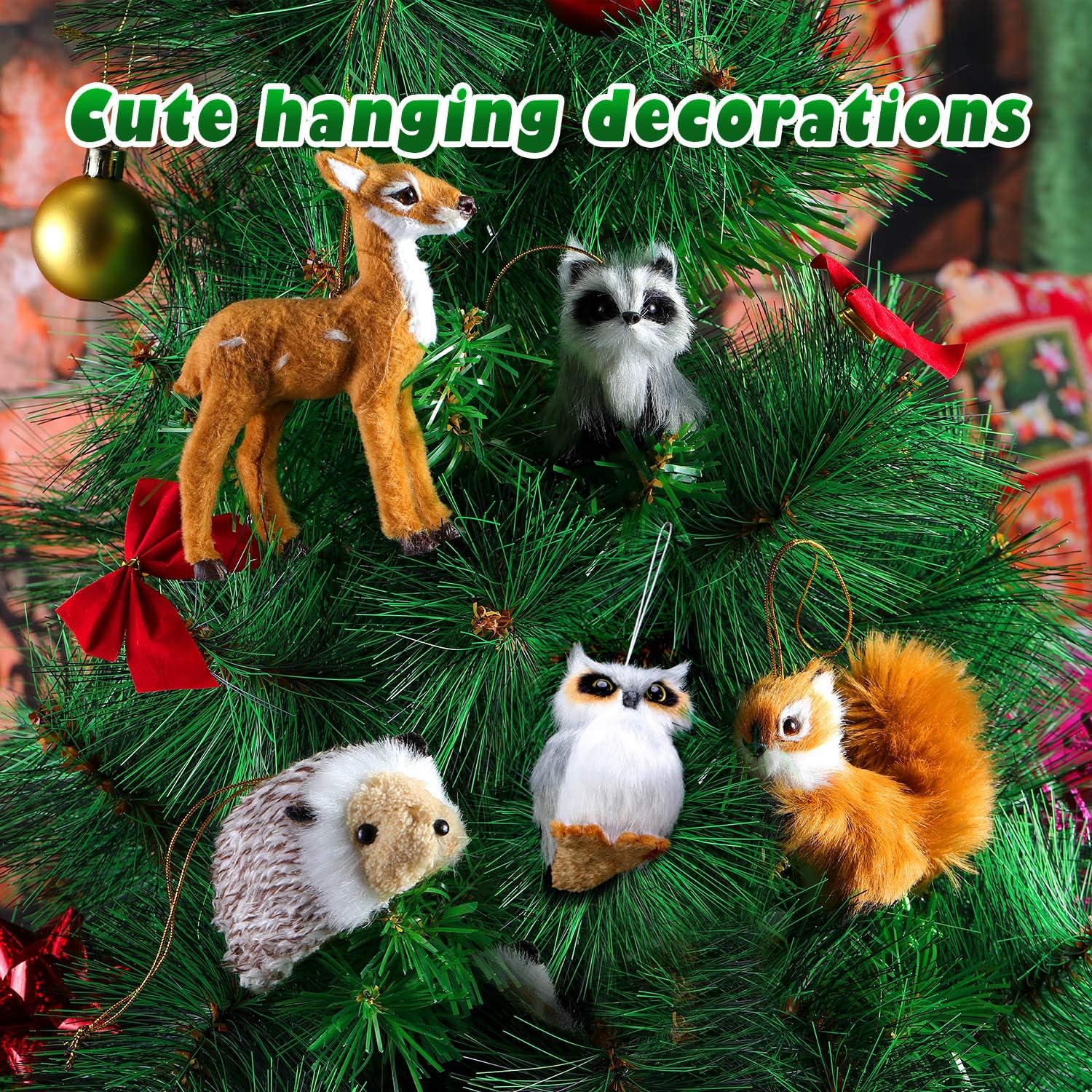 WILLBOND 6 piezas de animales de peluche, piel de bosque, animal peludo, adorno colgante de Navidad para decoración del árbol de Navidad