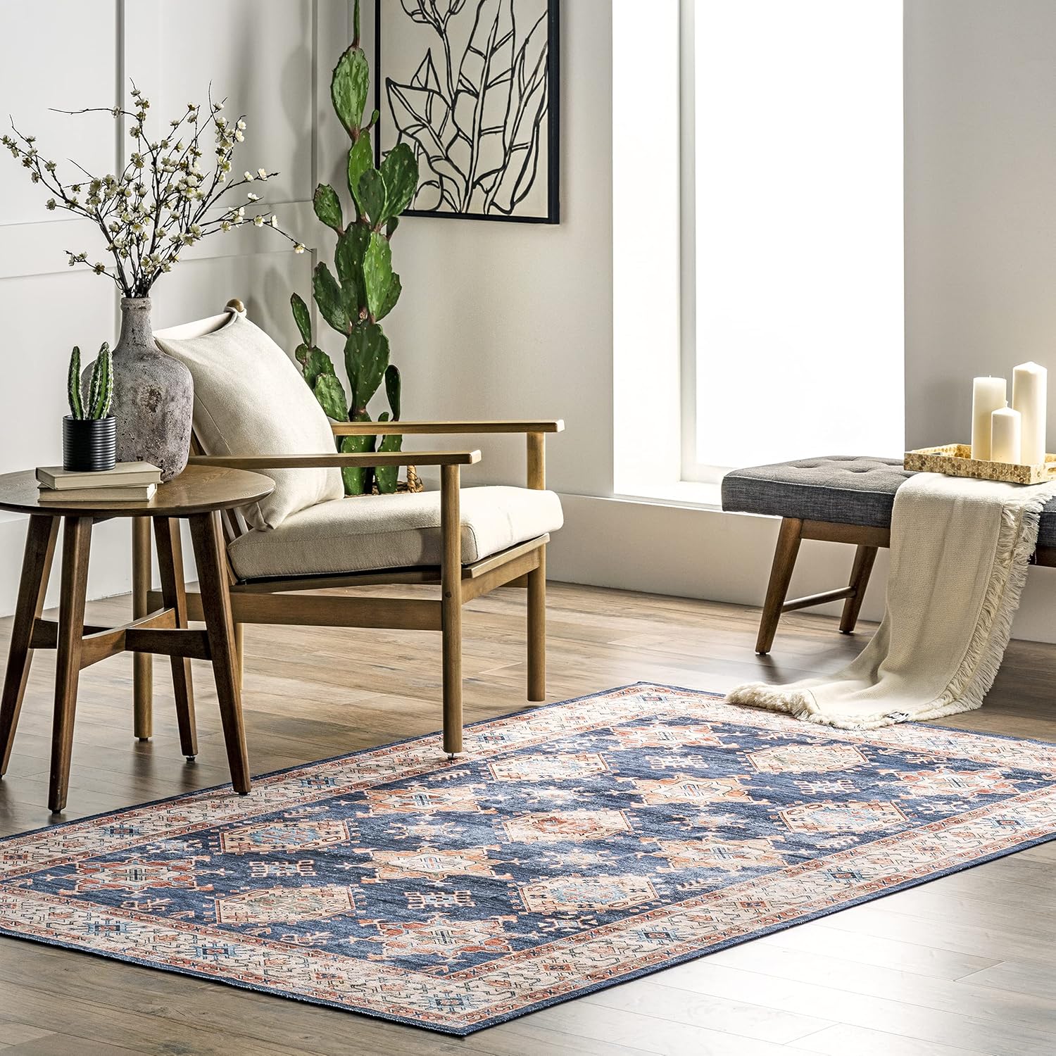 nuLOOM Finley – Alfombra de área ultra fina, lavable a máquina, estilo vintage, envejecida, 8 x 10 pies, azul marino
