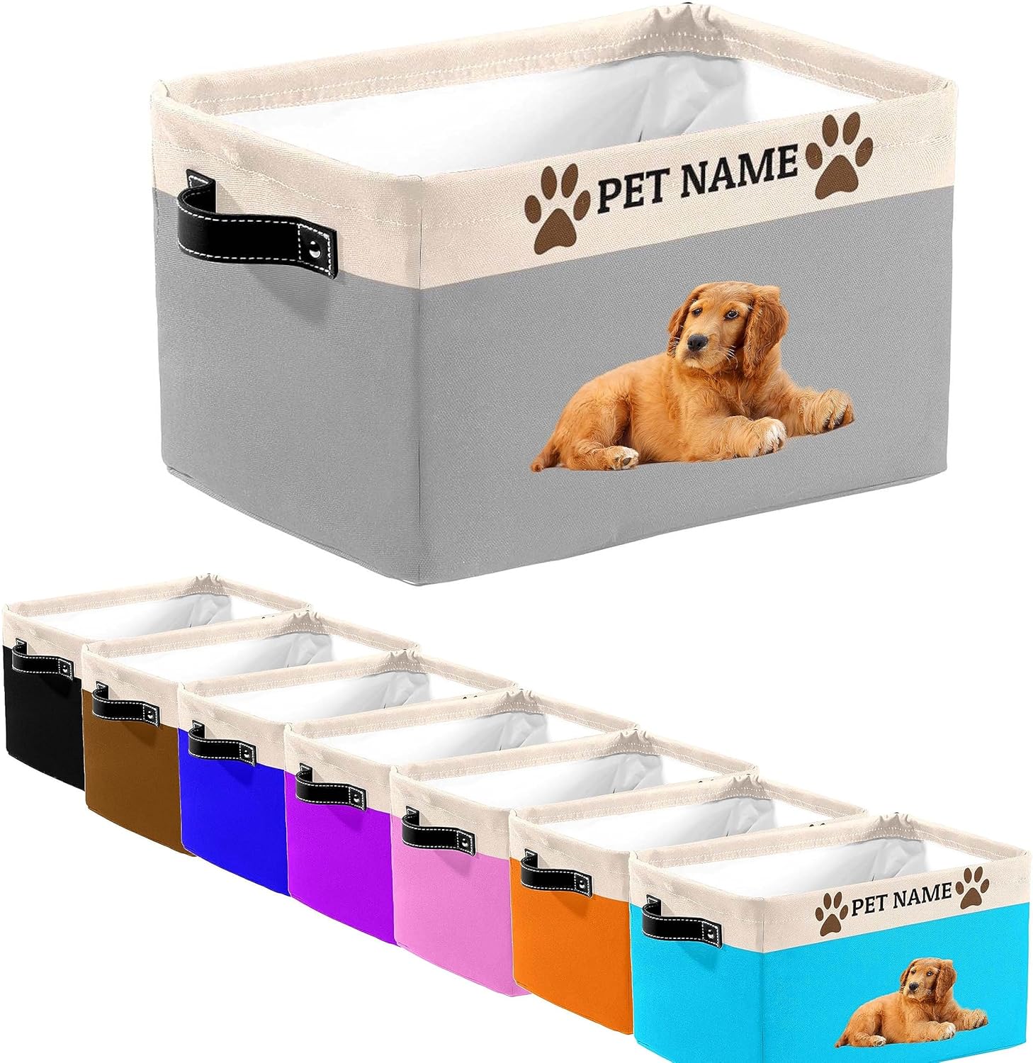 Cesta de almacenamiento personalizada de juguetes para mascotas con asas, nombre y foto personalizados de la mascota, cajas de almacenamiento