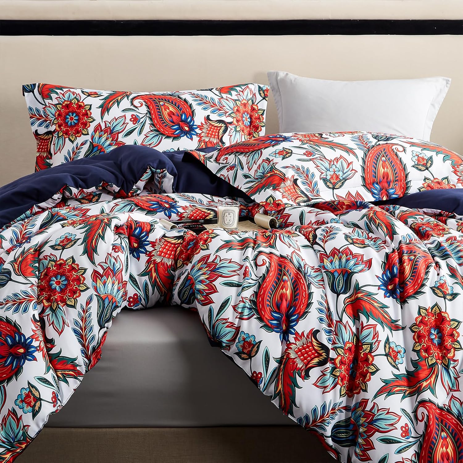 Ikawaapurry Juego de edredón floral tamaño Queen para cama Queen, juego de ropa de cama bohemio de granja, esponjoso, ligero, flores, plantas, para