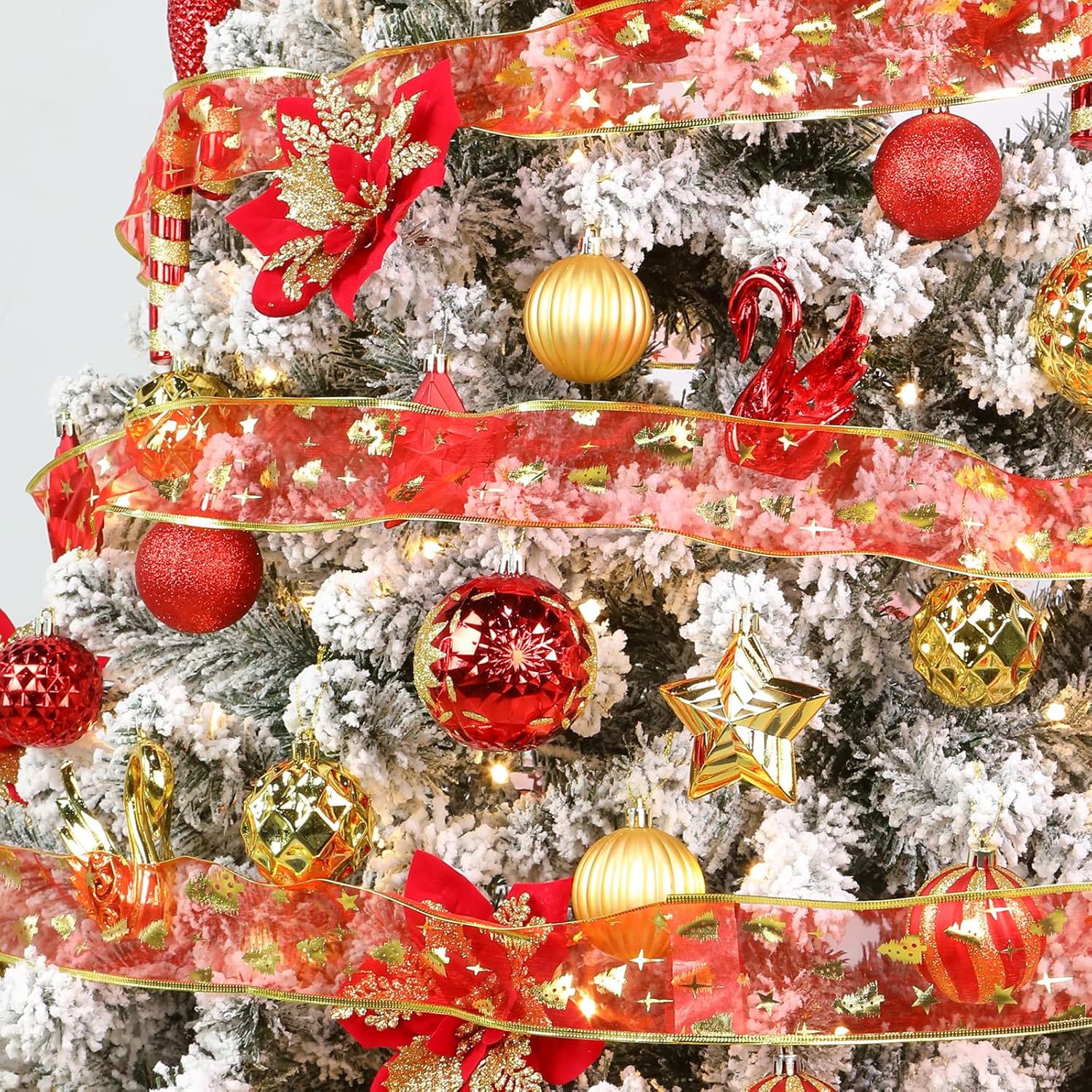 Alupssuc Juego de 128 adornos de bolas de Navidad, bolas de plástico inastillables, flores de Navidad, cinta y adorno para árbol de Navidad,