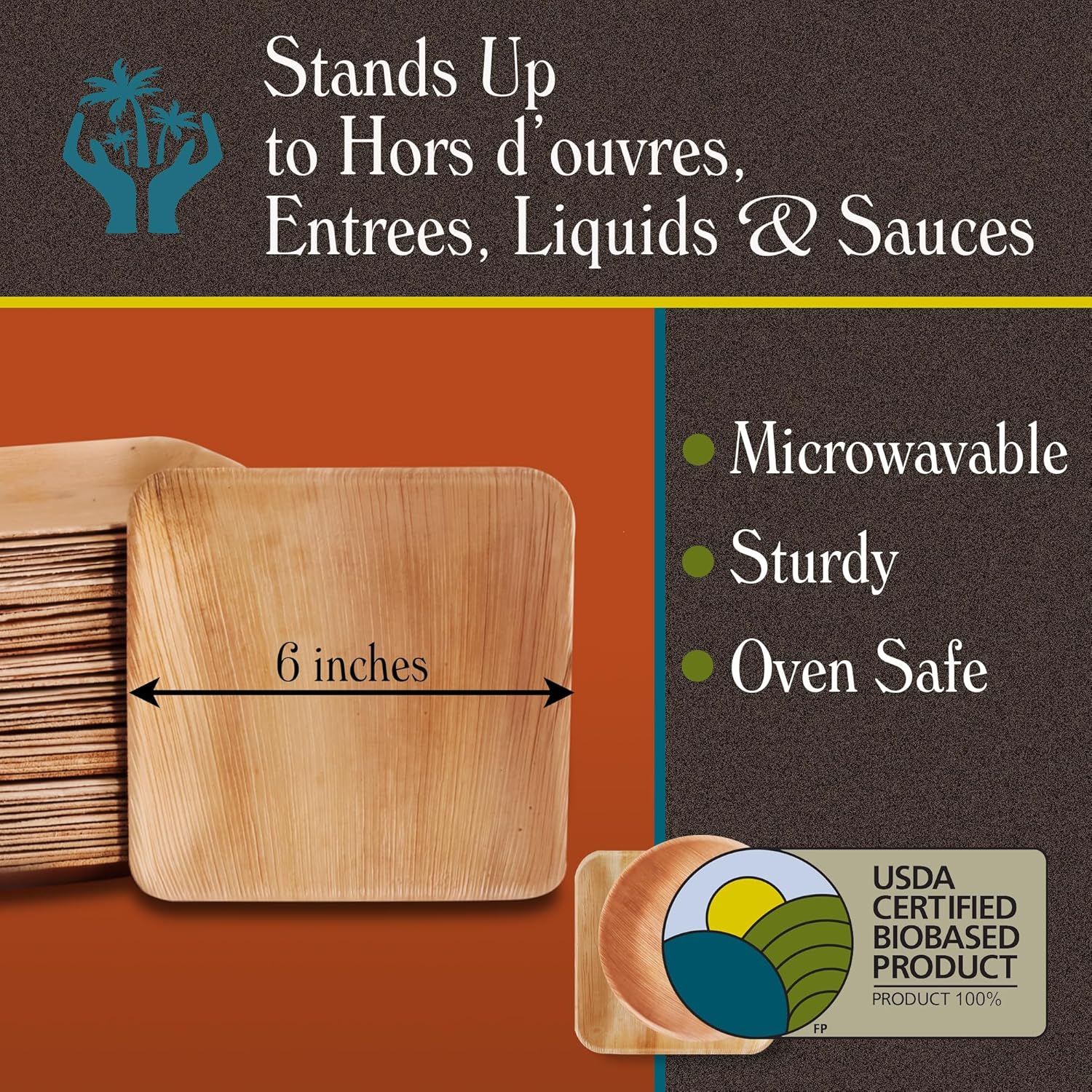Indie Palm Platos desechables de hoja de palma, cuadrados de 6 pulgadas paquete de 50 100% compostables, alternativa ecológica al papel o al bambú,